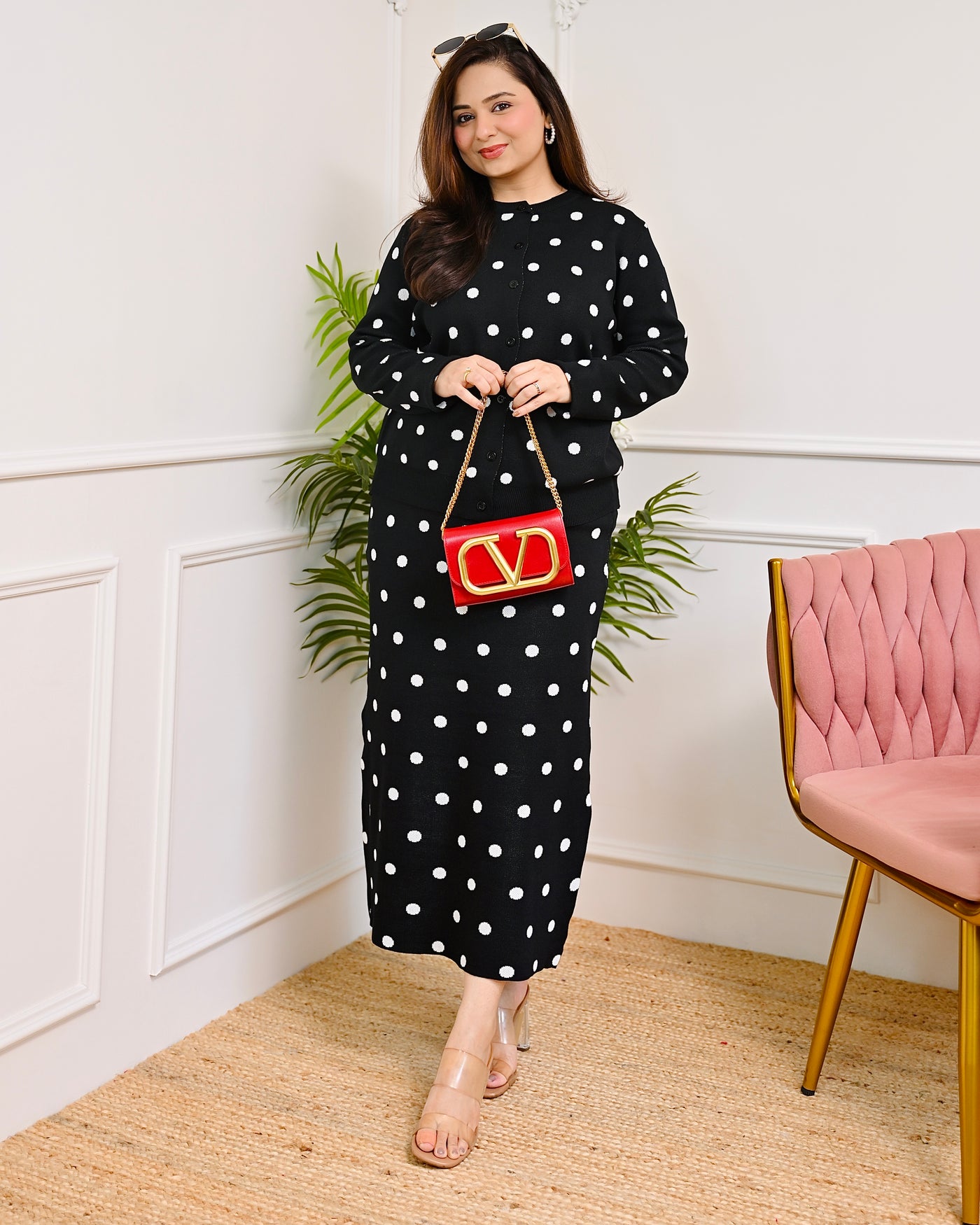 Black Knitted Polka Dots Skirt & Top Co-ord