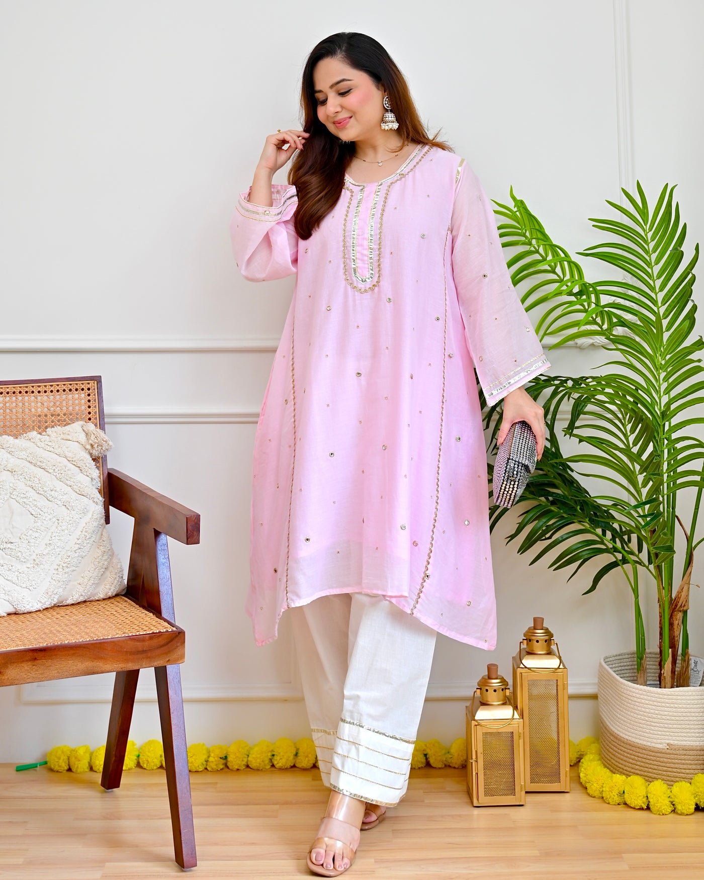 Blush Pink Mirror Mul Cotton A Line Kurta Set