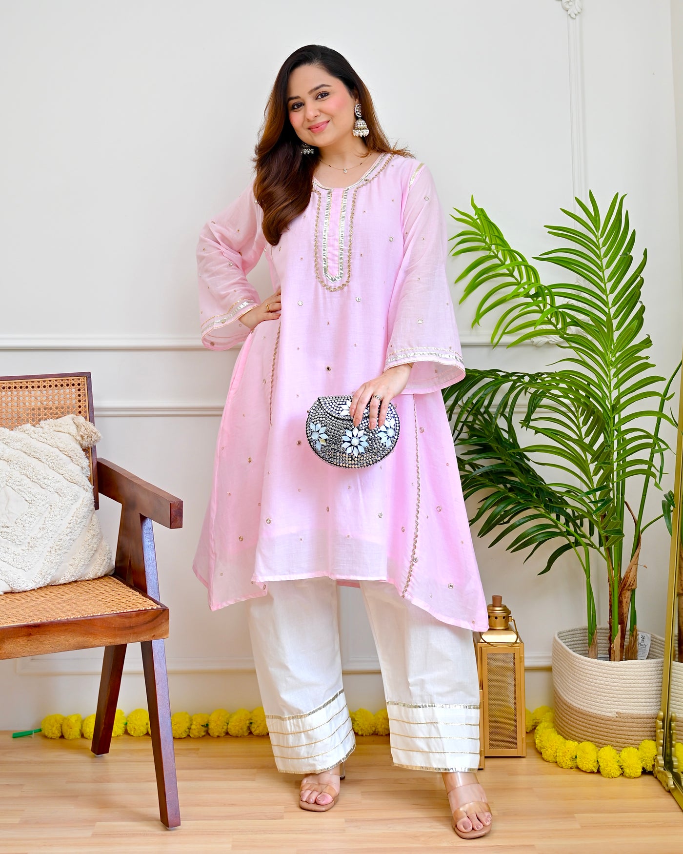 Blush Pink Mirror Mul Cotton A Line Kurta Set