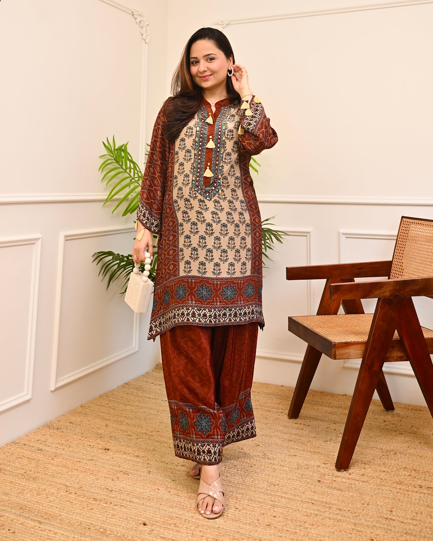 Mehroon Sheesh Mahal Ajrakh Crepe Farshi Co-ord