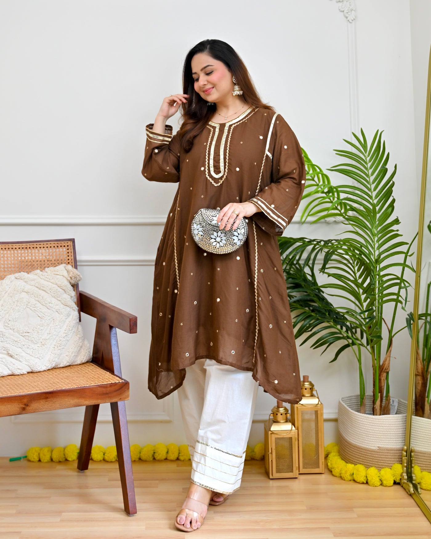 Brown Mirror Mul Cotton A Line Kurta Set