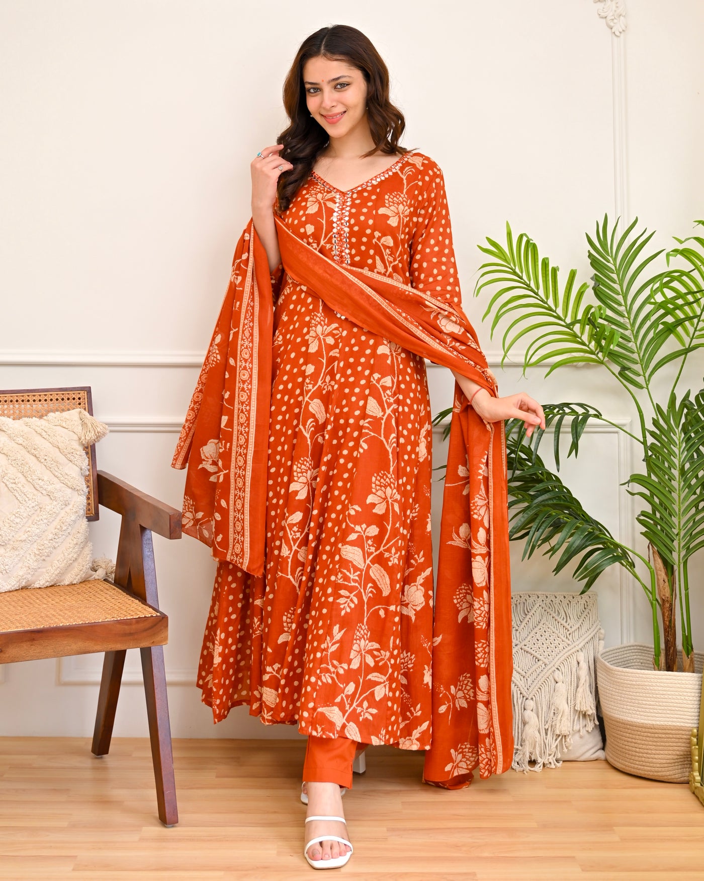 Spiced Orange Mul Cotton Anarkali Suit