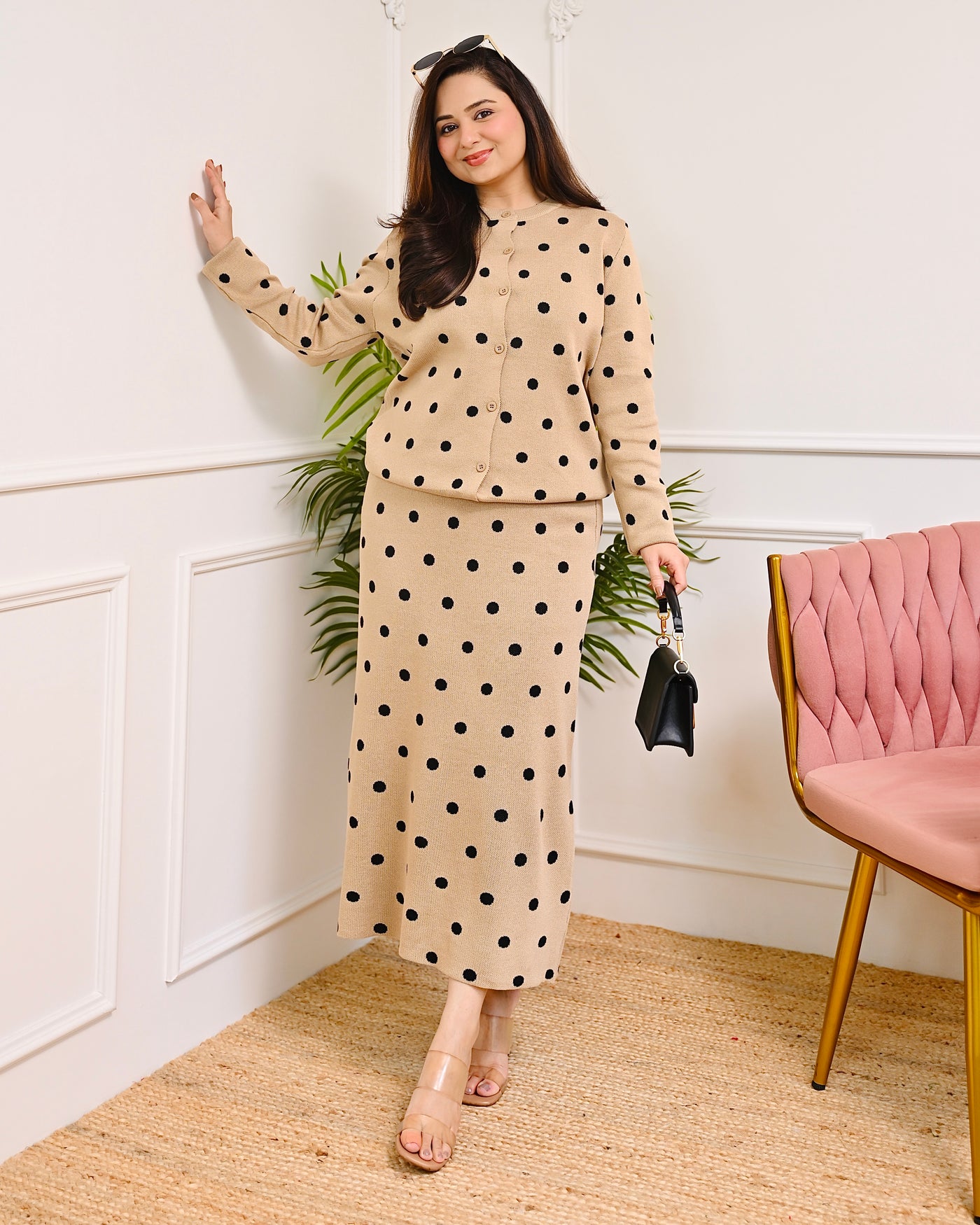 Oat Milk Knitted Polka Dots Skirt & Top Co-ord