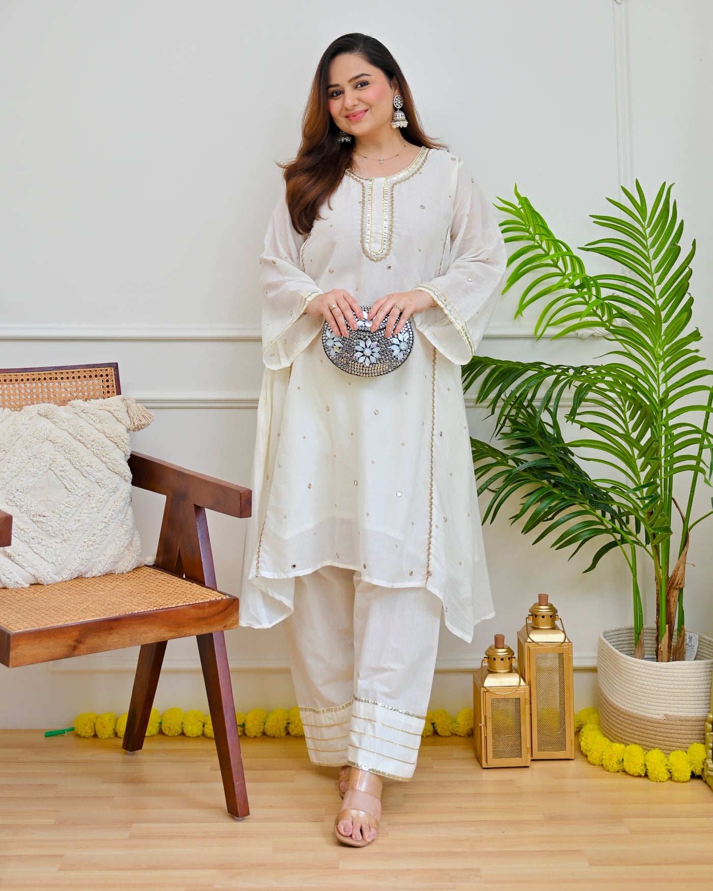Safed Chand Mirror Mul Cotton A Line Kurta Set
