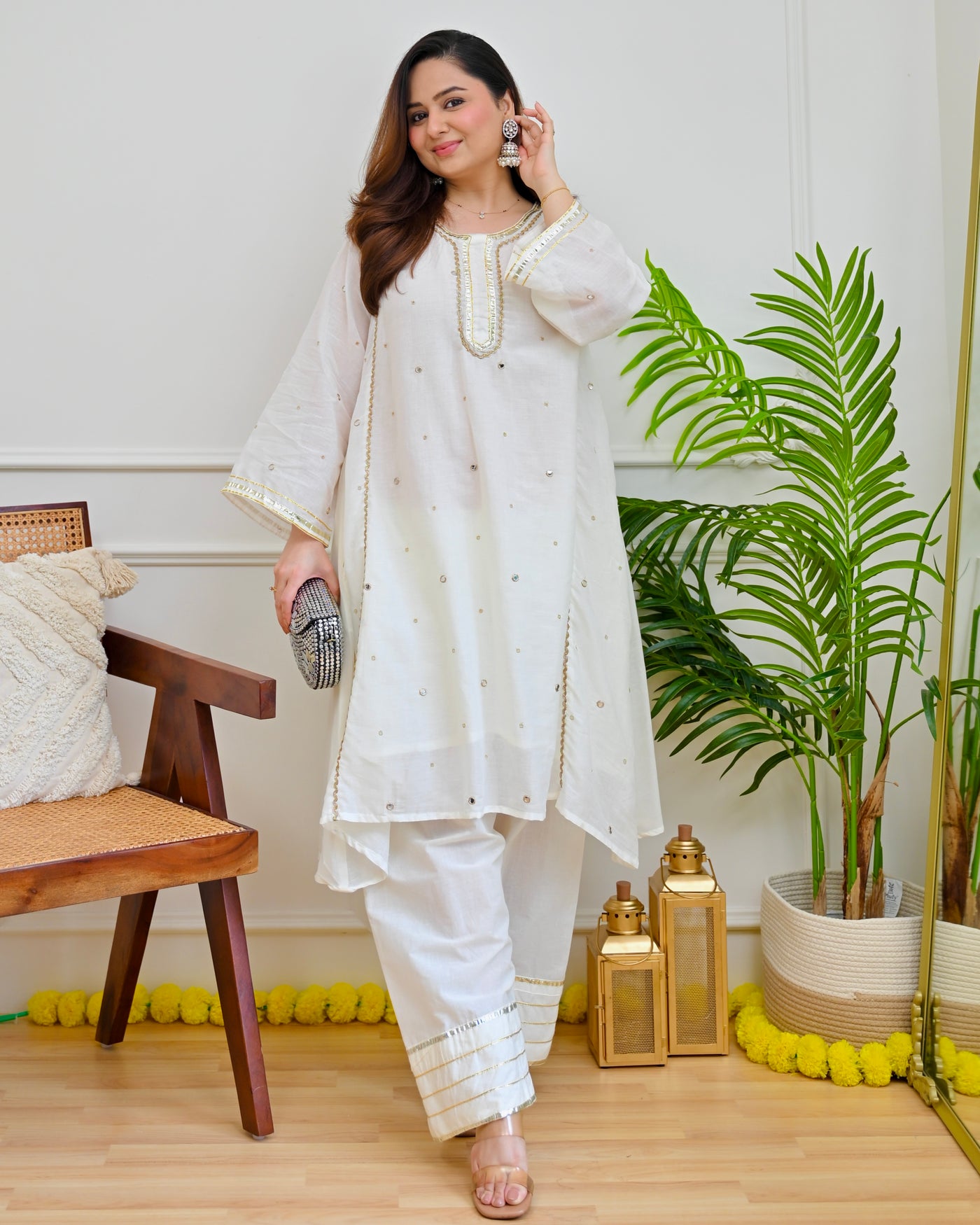 Safed Chand Mirror Mul Cotton A Line Kurta Set