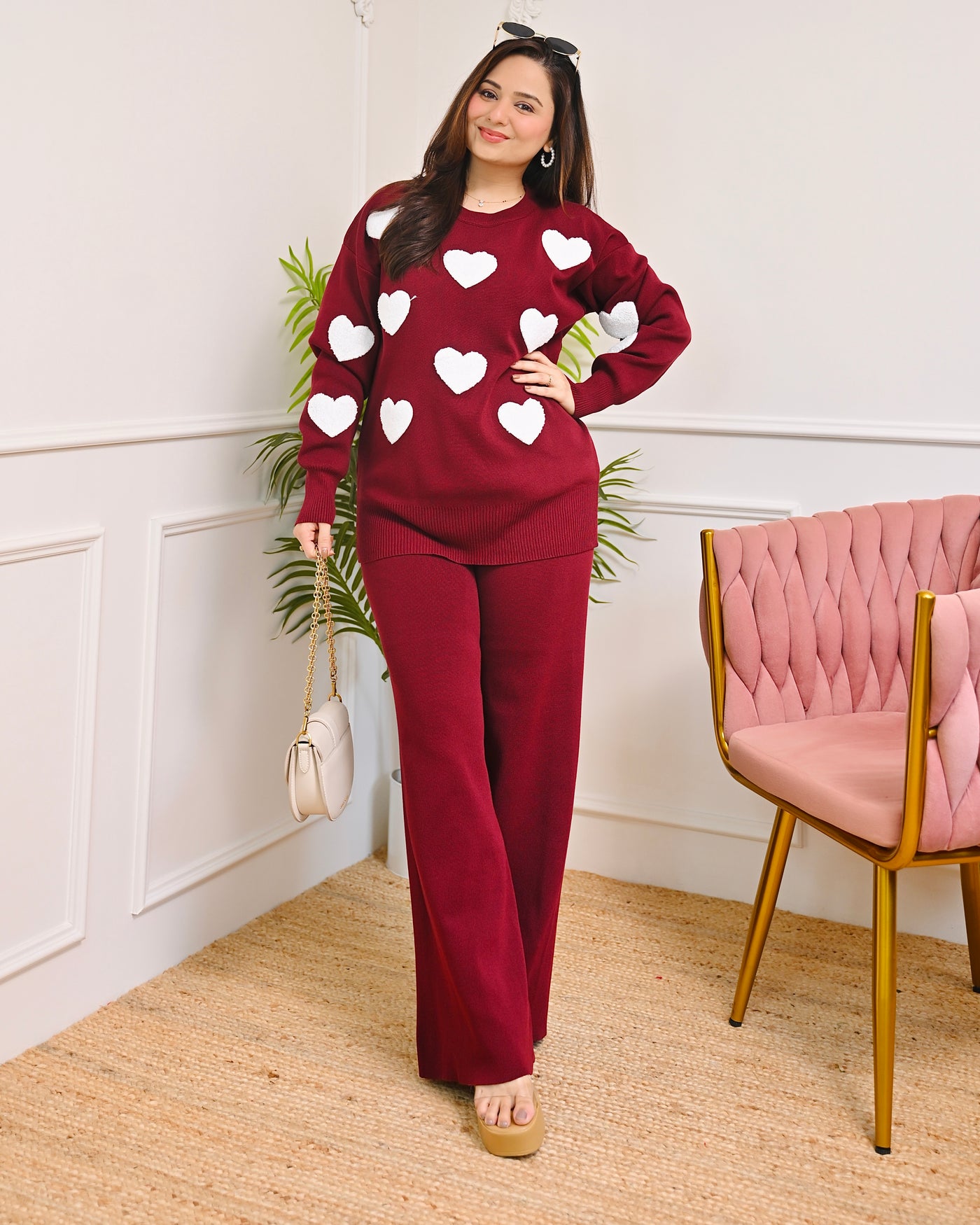 Maroon Heart Winter Airport Co-ord Set