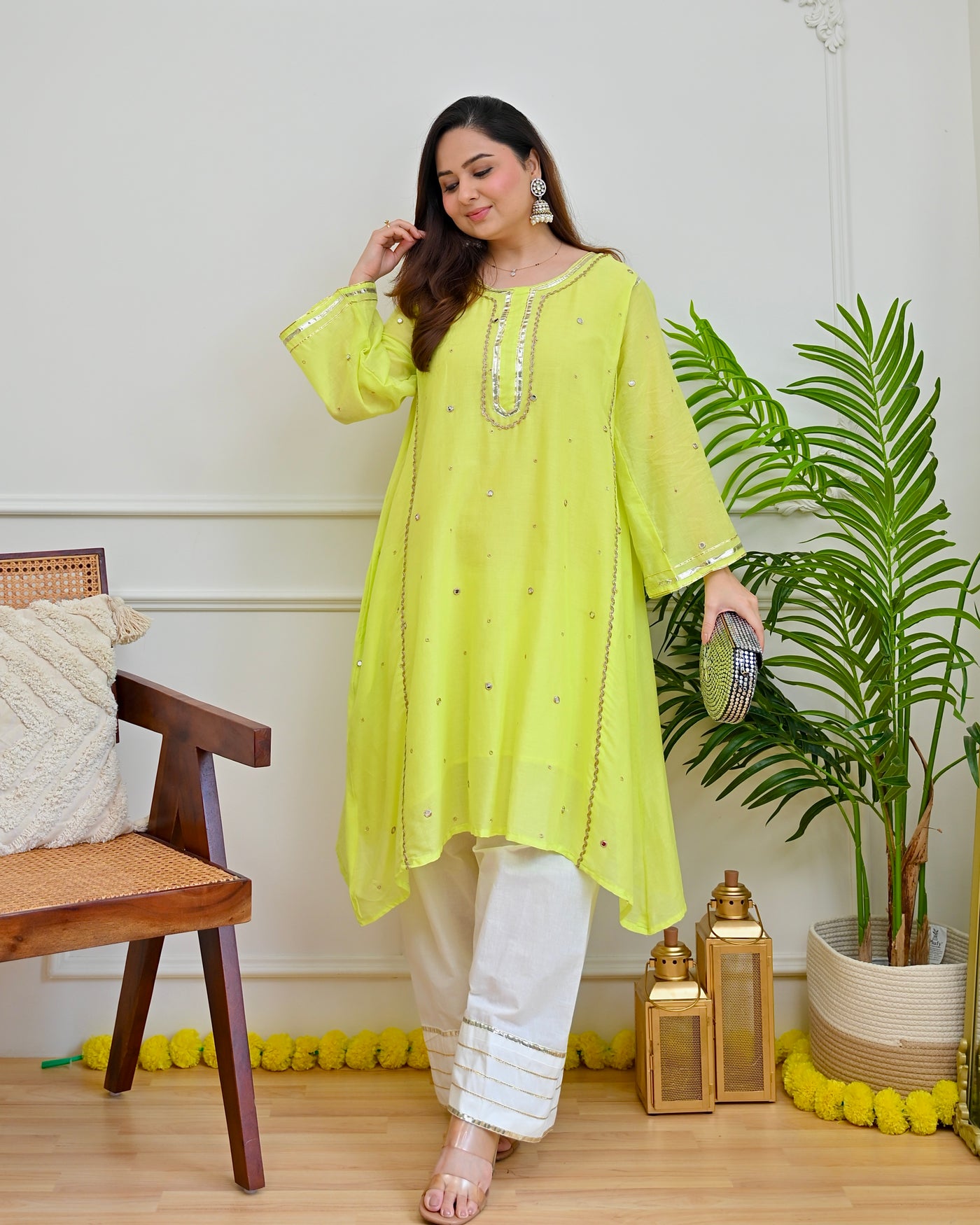 Lime Mirror Mul Cotton A Line Kurta Set