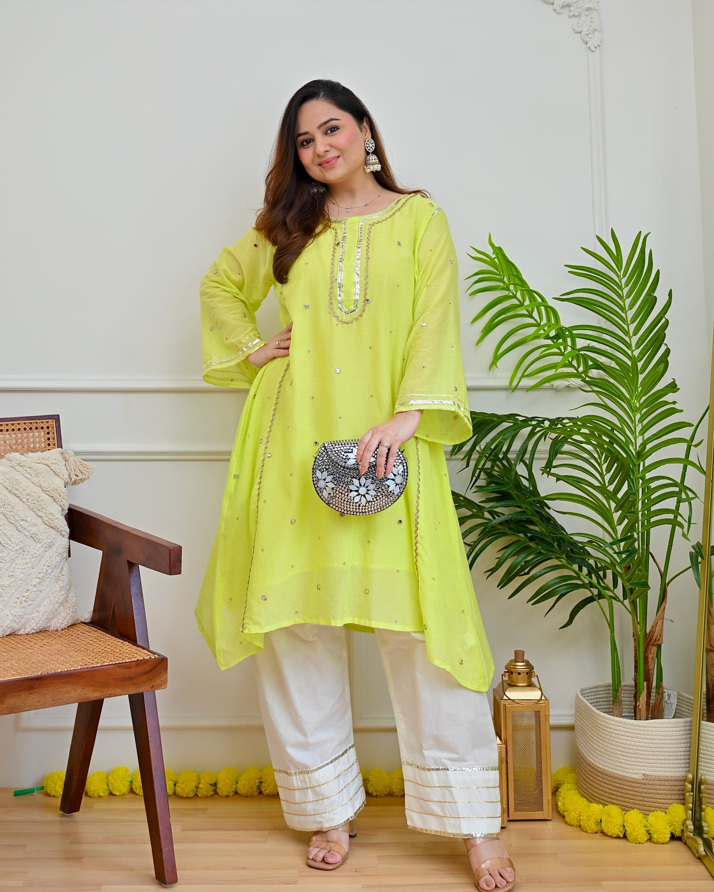 Lime Mirror Mul Cotton A Line Kurta Set