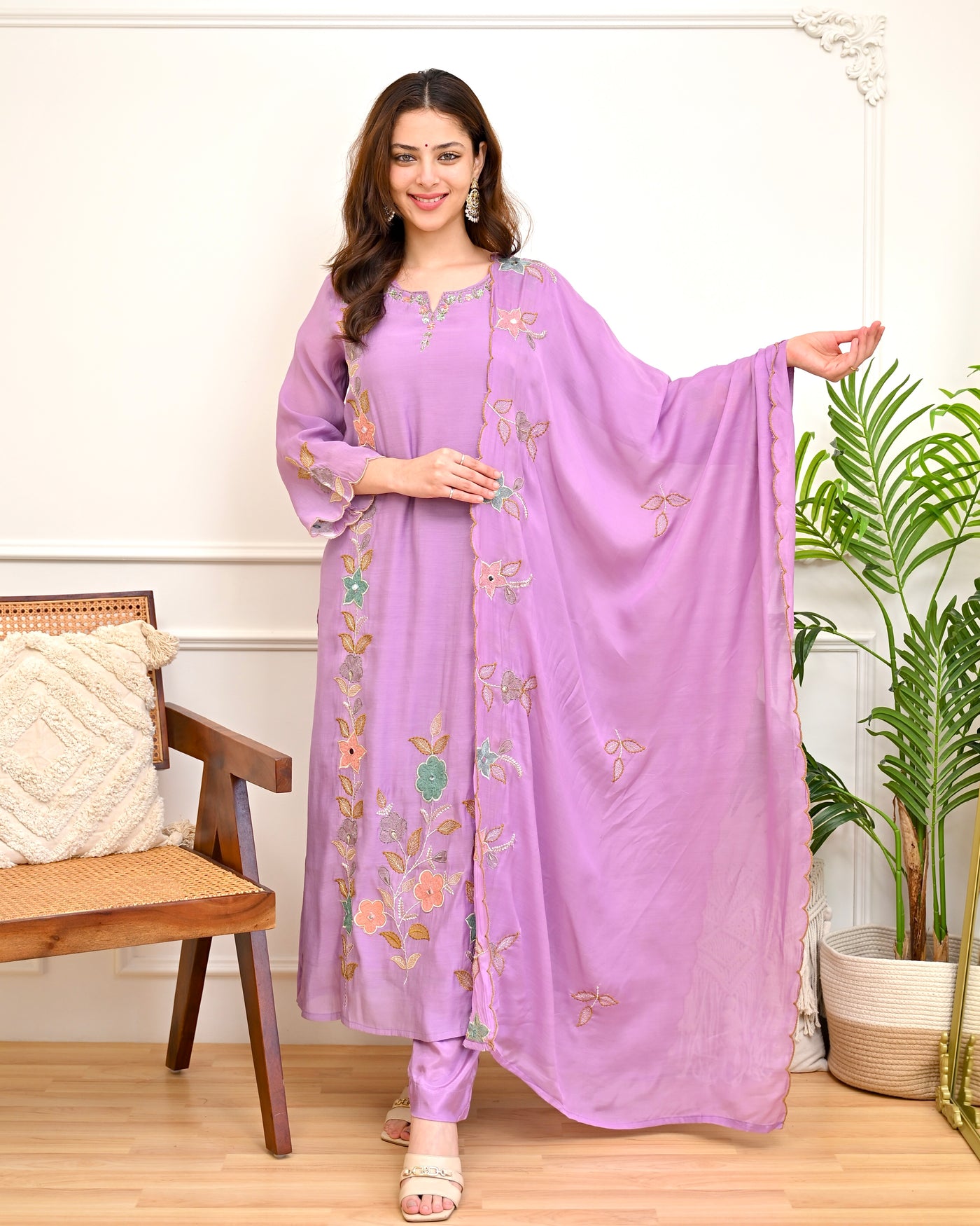 Lavender Gulrang Mul Chanderi Handwork Suit