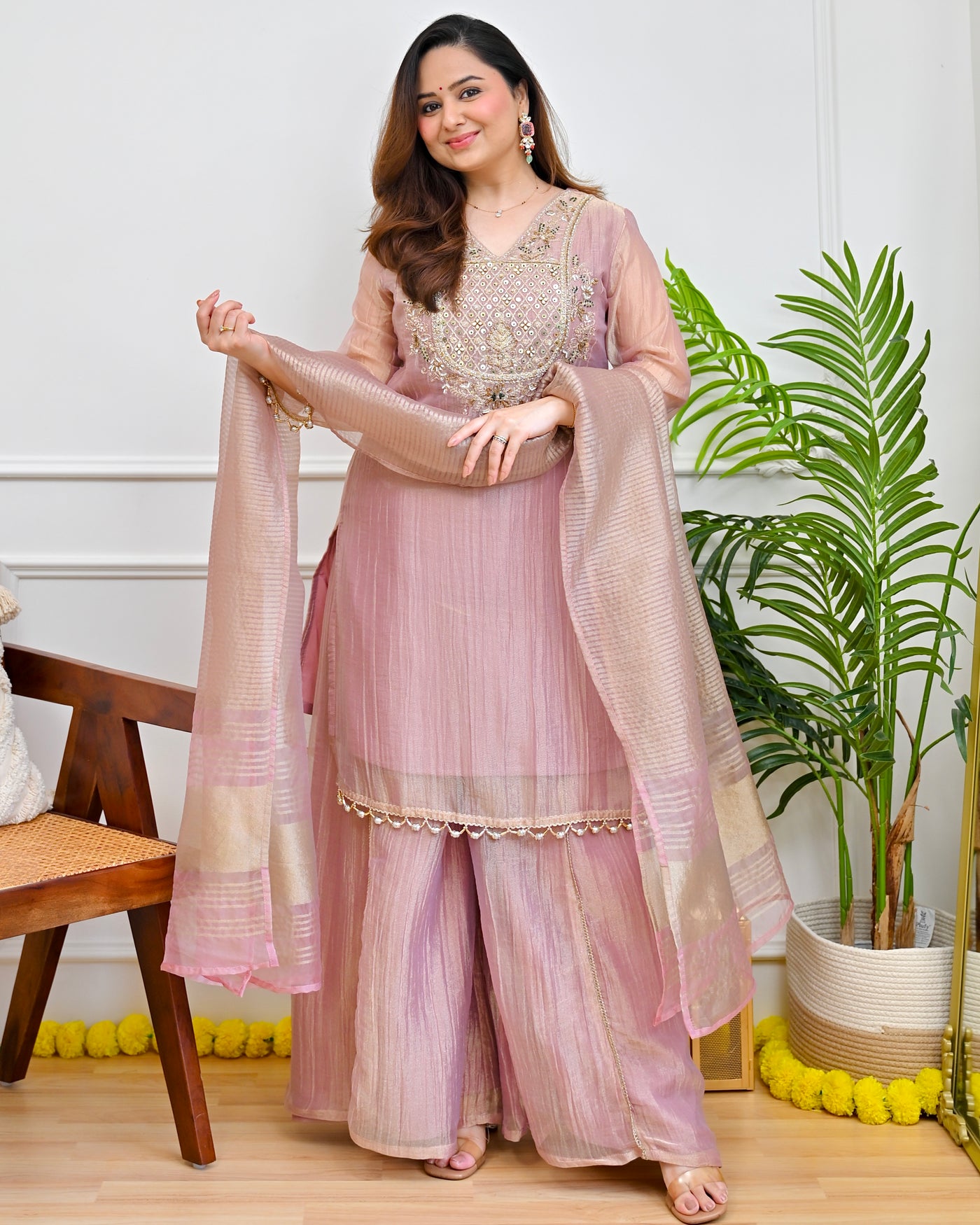 Dusty Rose Mehreen Crush Tissue Festive Suit