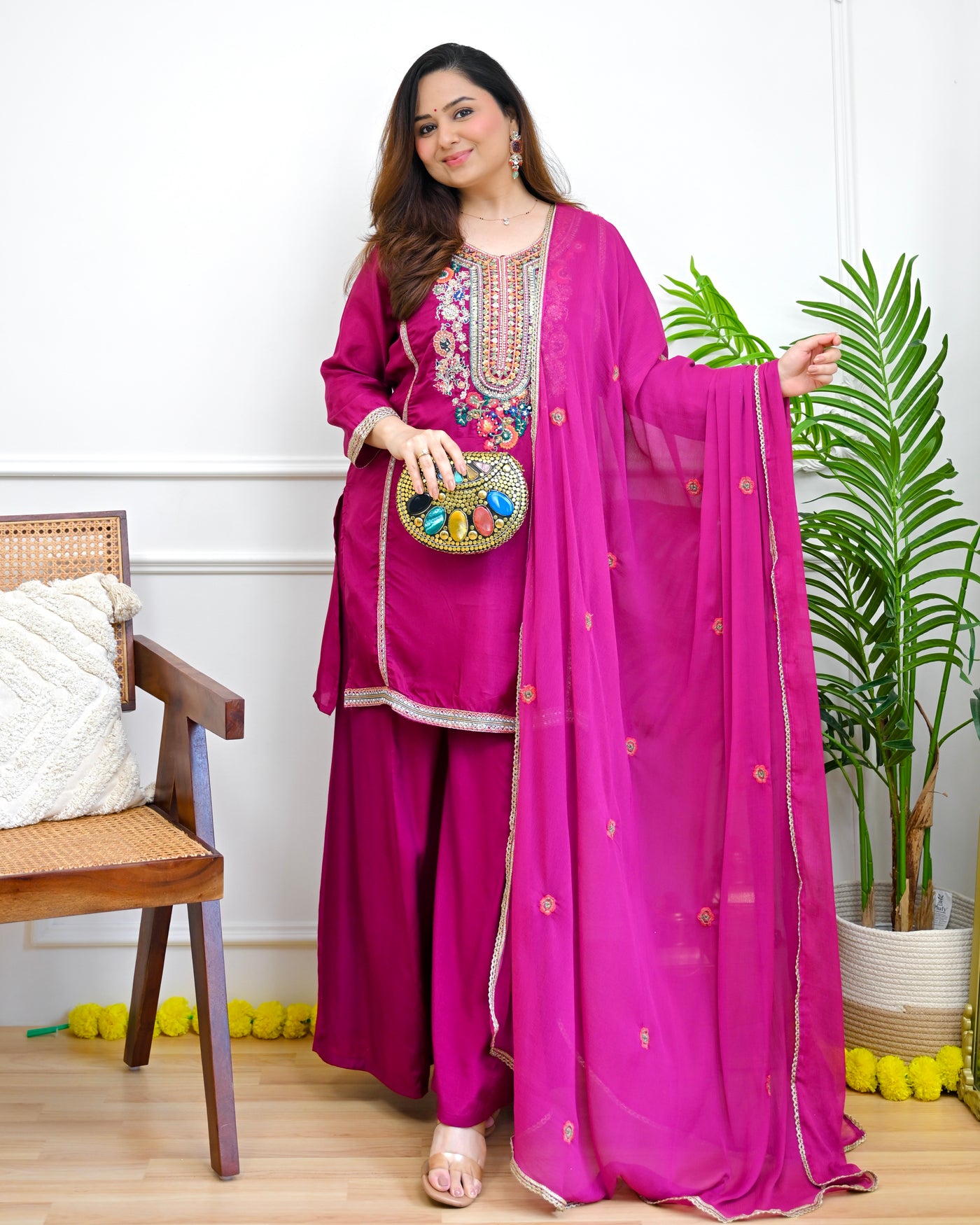 Magenta Meher Threadwork Silk Suit
