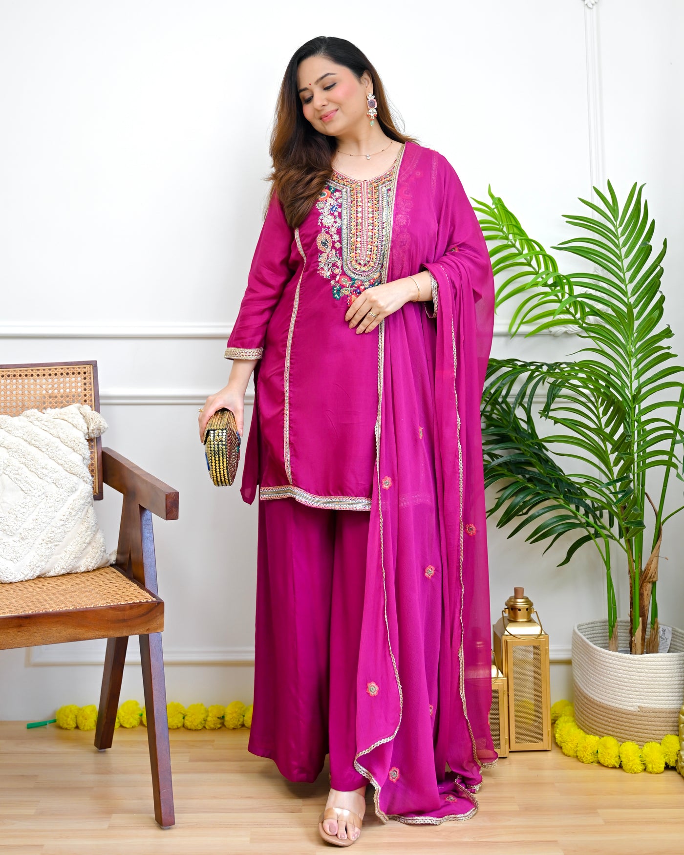 Magenta Meher Threadwork Silk Suit