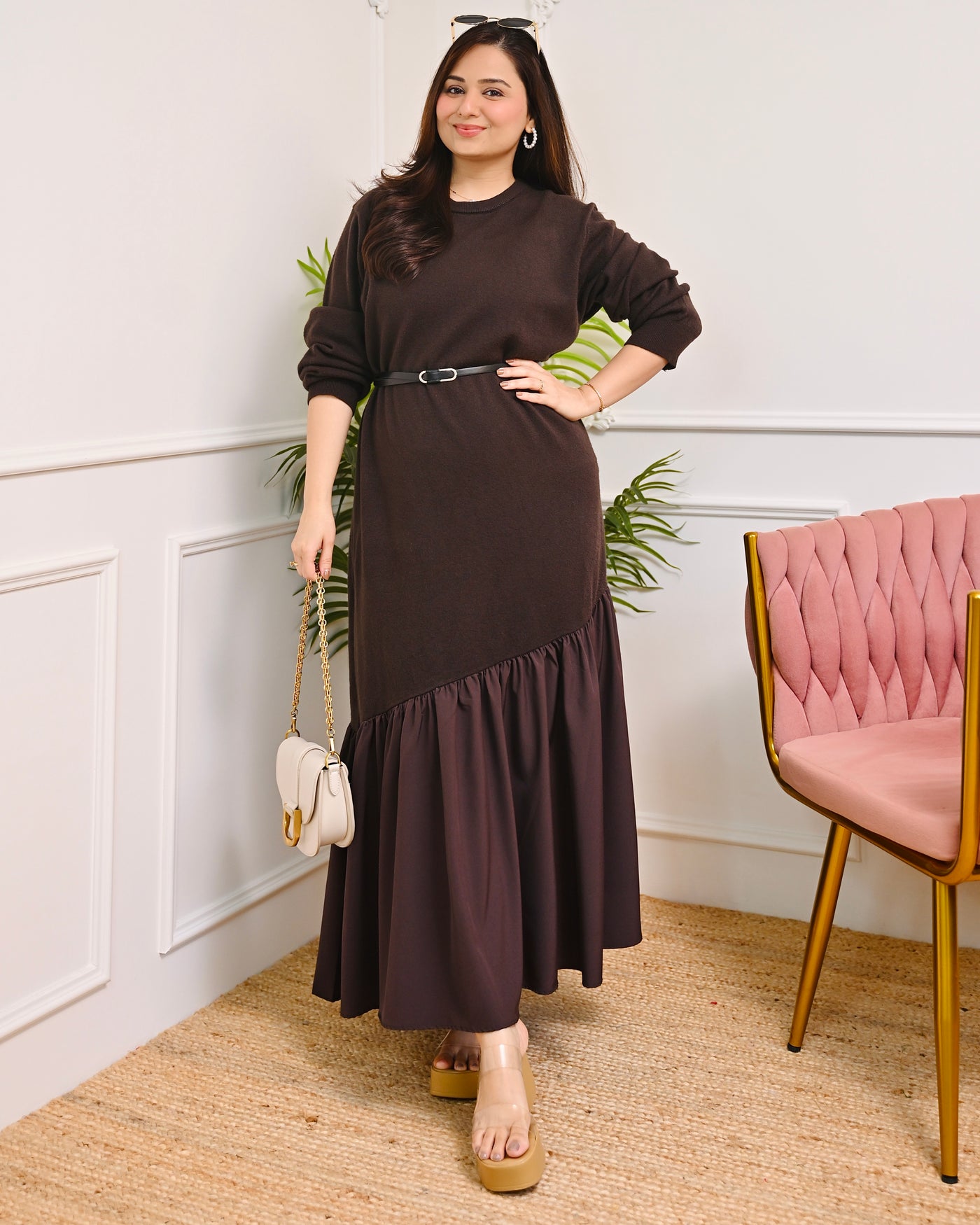 Winter Special Brown Luxe Premium Woollen Dress with Belt For Women – Label  Madhuri Thakkar