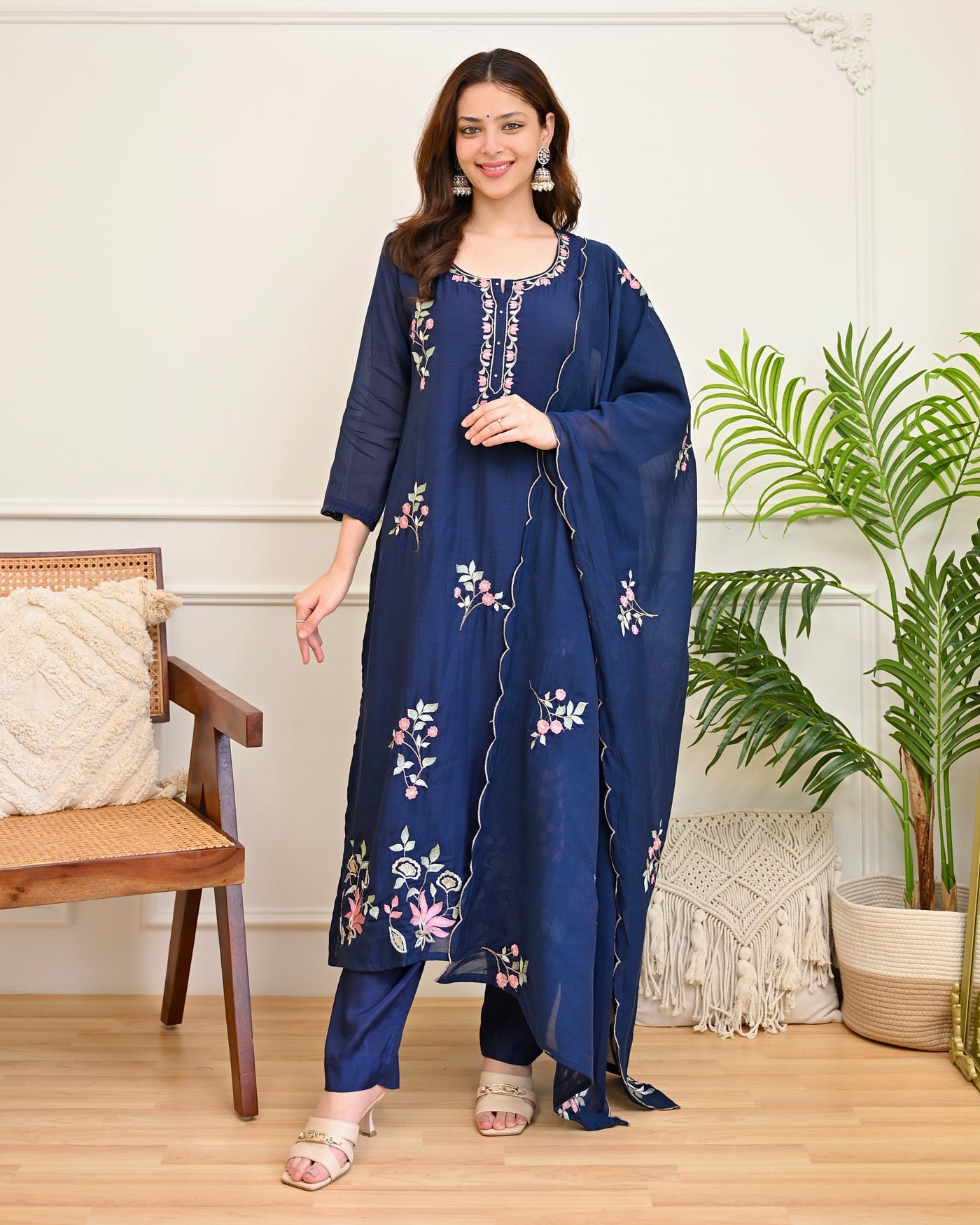 Navy Moonflower Mul Chanderi Threadwork Suit