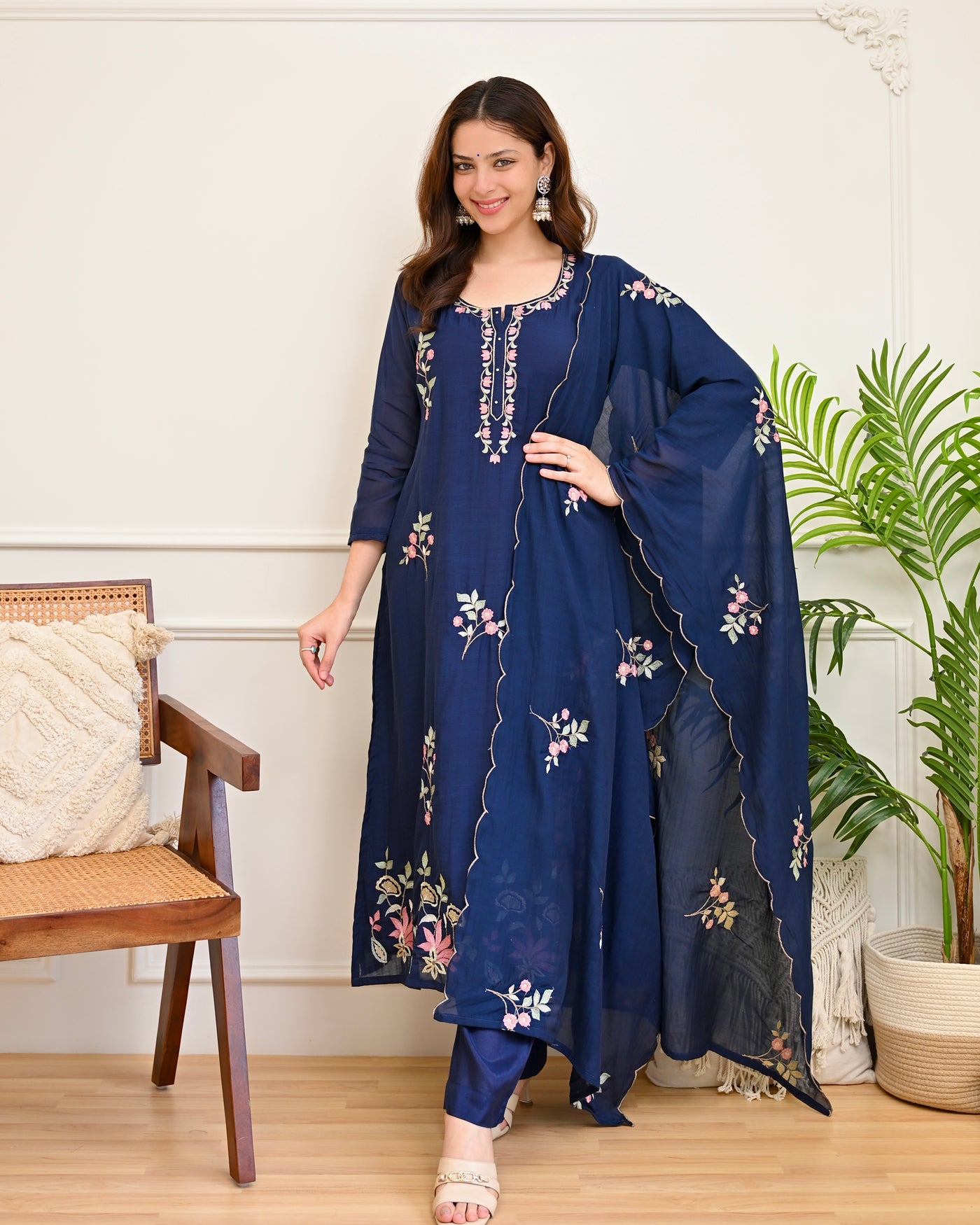 Navy Moonflower Mul Chanderi Threadwork Suit