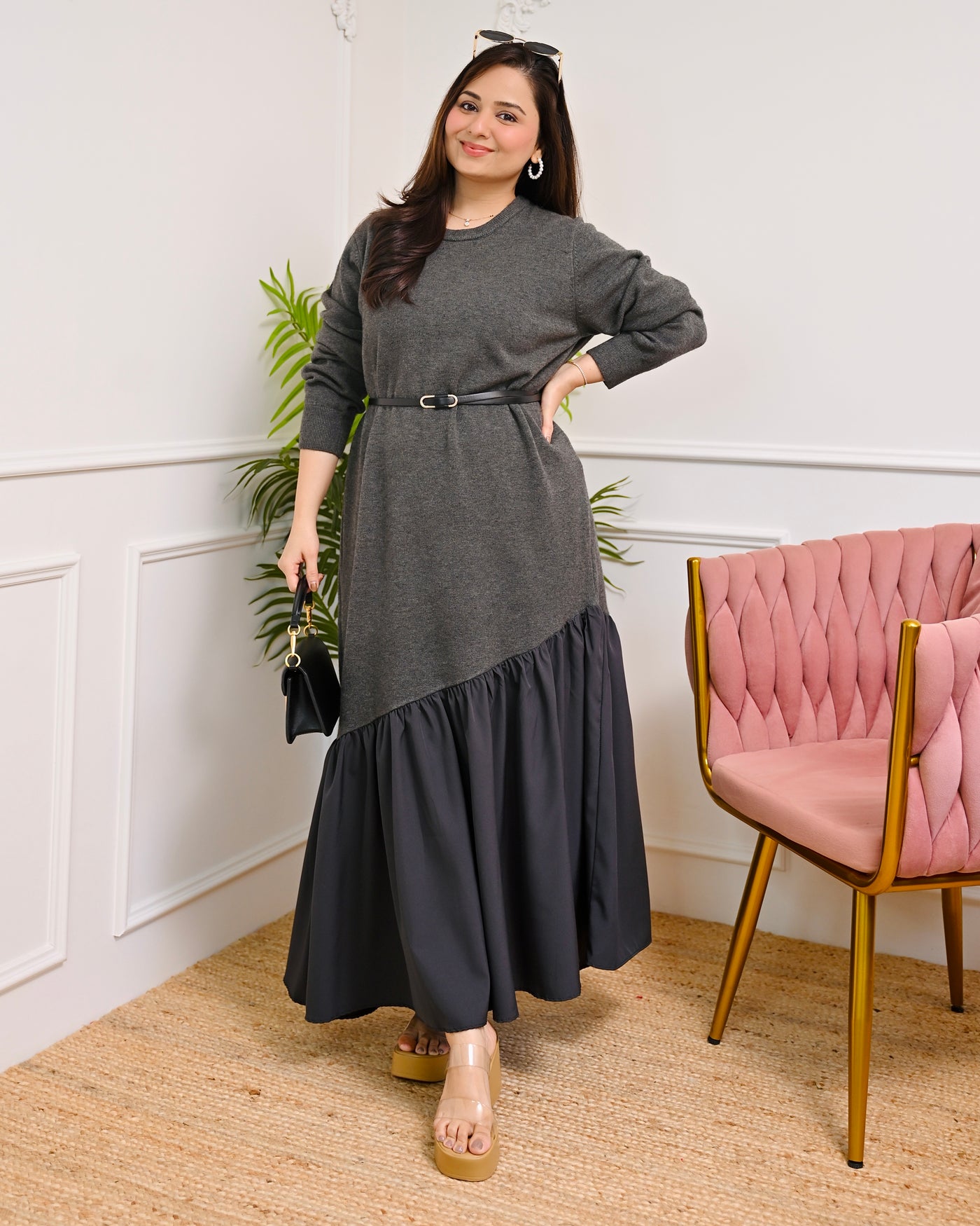 Grey Luxe Winter Dress With Belt
