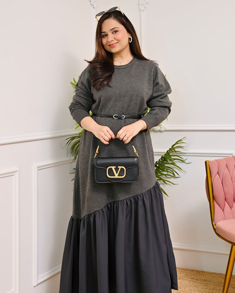 blue dress for baby girl Black Red Winter Knit Sweater Belt A-Line Maxi Dress