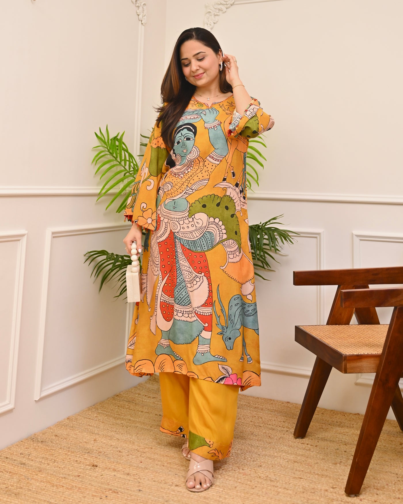 Yellow Kalamkari Muse Muslin Kurta Set