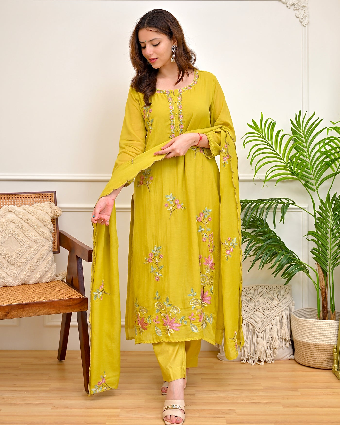 Mustard Muse Mul Chanderi Threadwork Suit