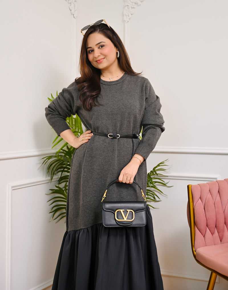 Winter Special Grey Luxe Premium Woollen Dress with Belt For Women L