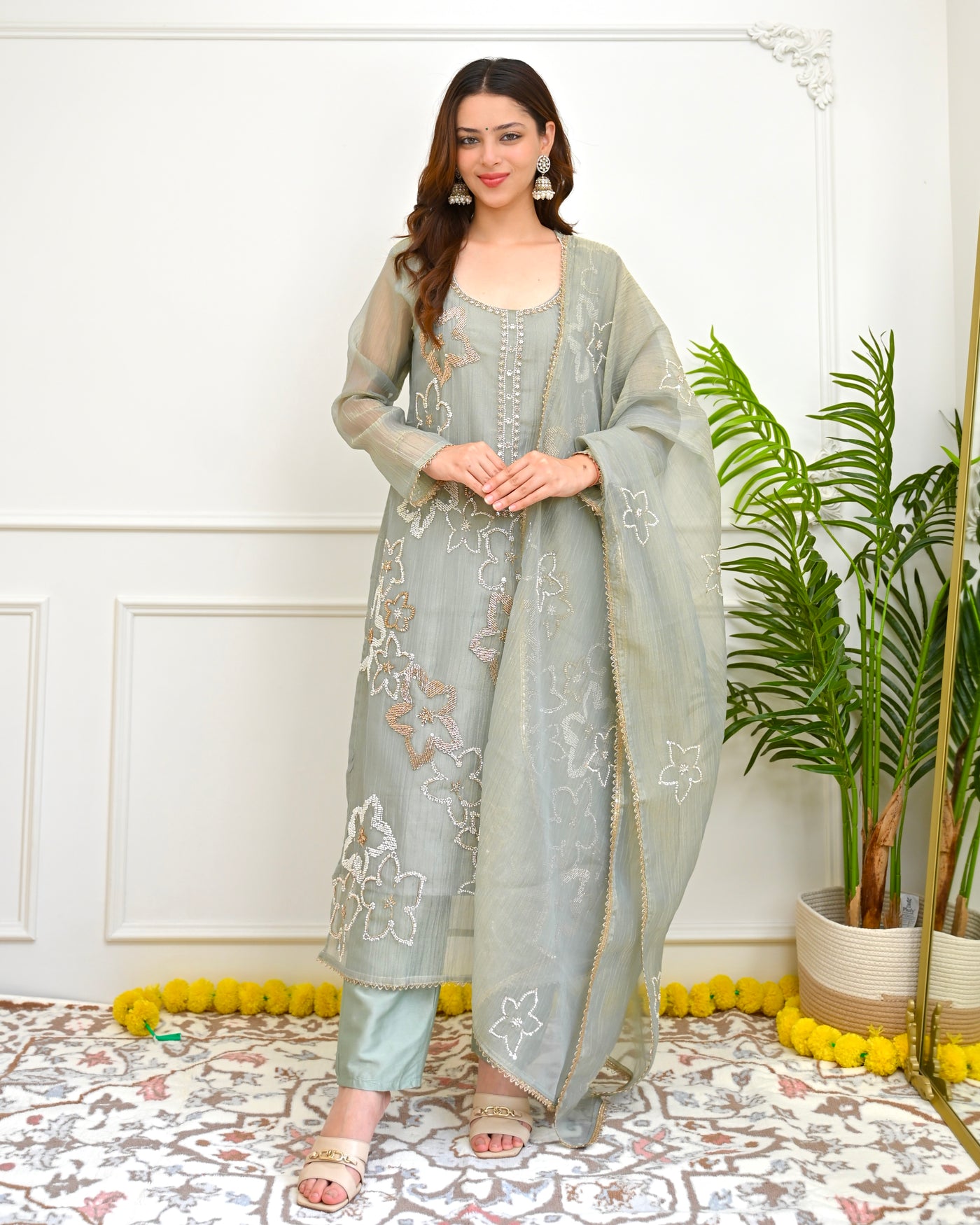 Sage Chandni Crush Tissue Handwork Festive Suit