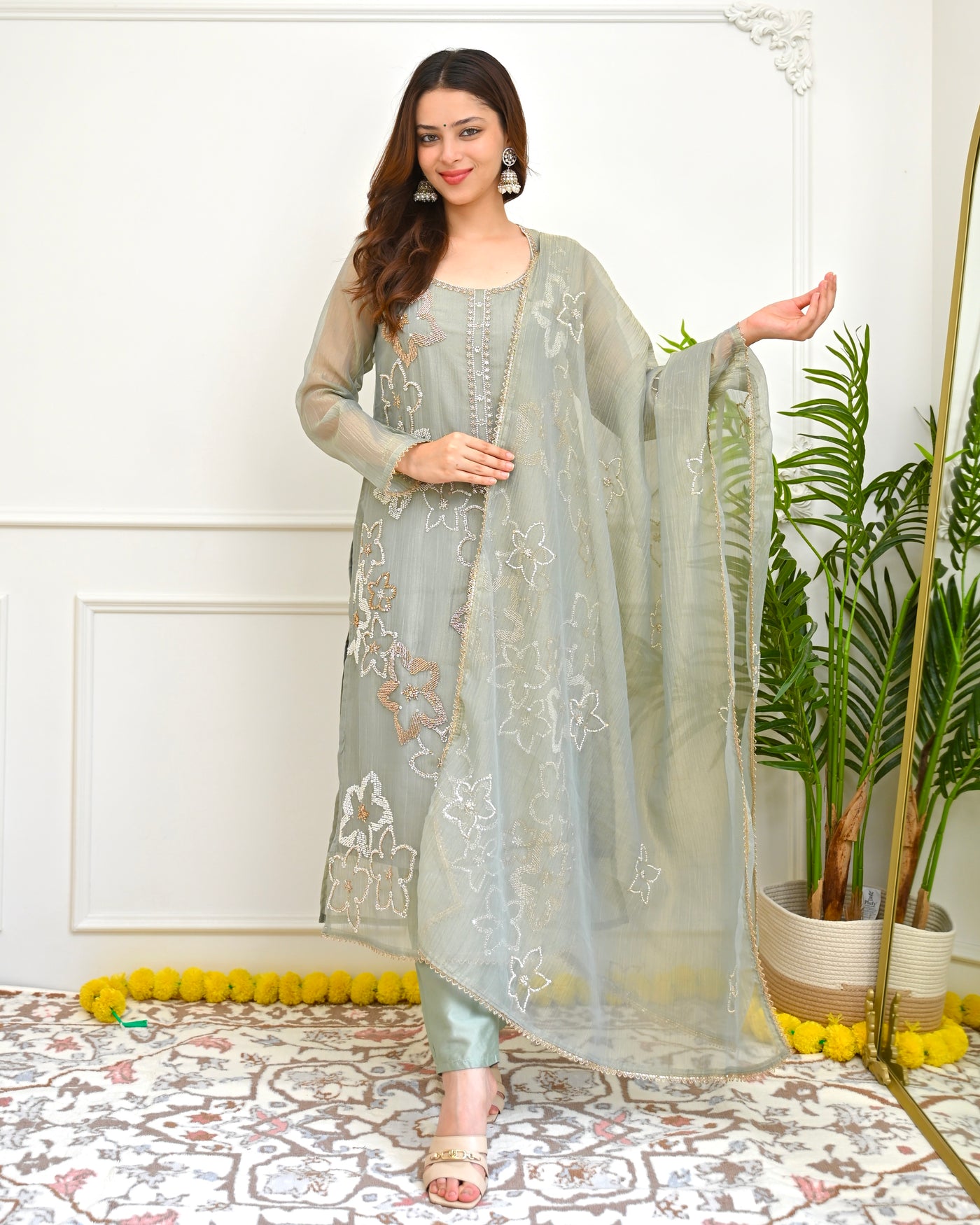 Sage Chandni Crush Tissue Handwork Festive Suit