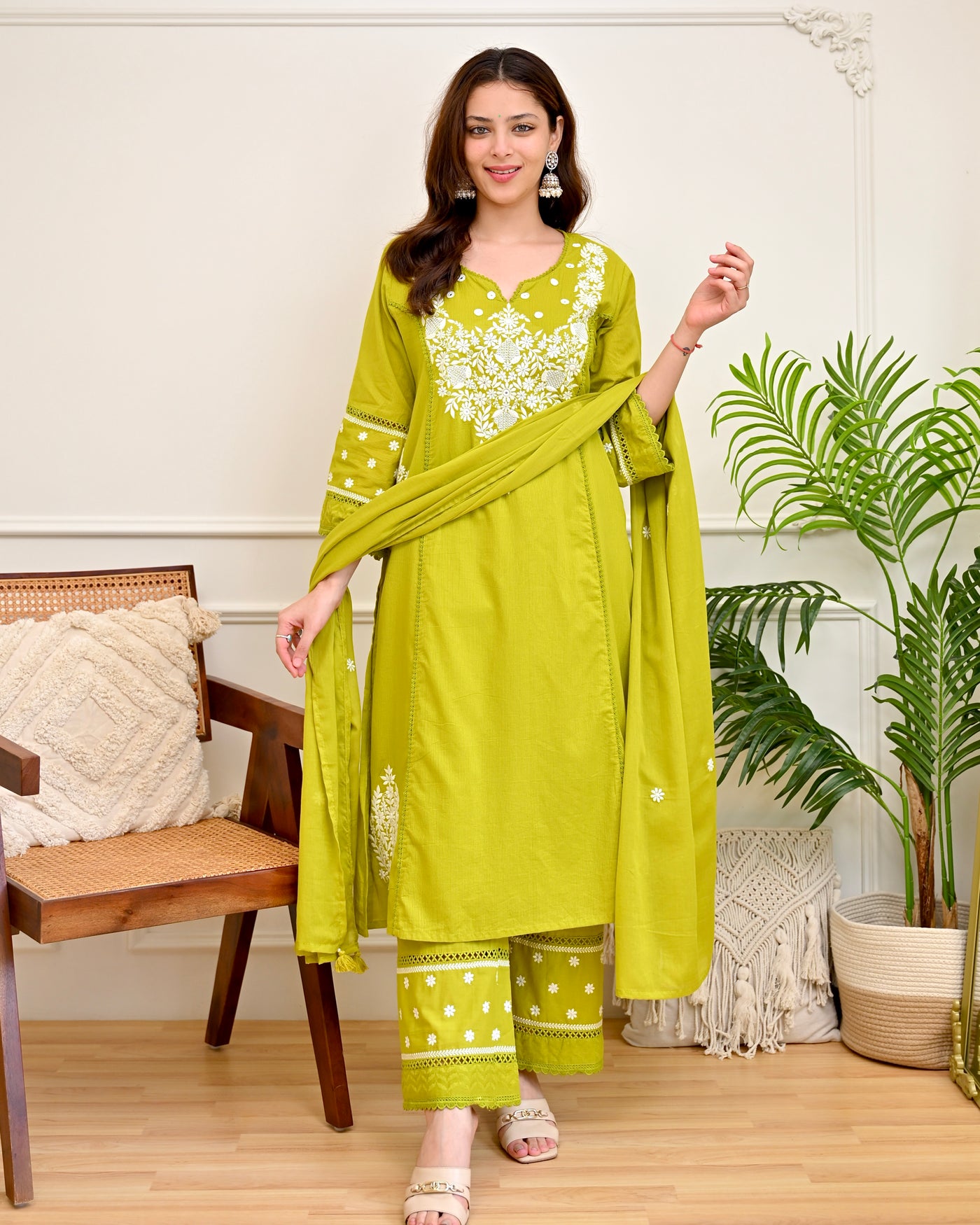 Lime Noor Lucknowi Cotton A Line Suit