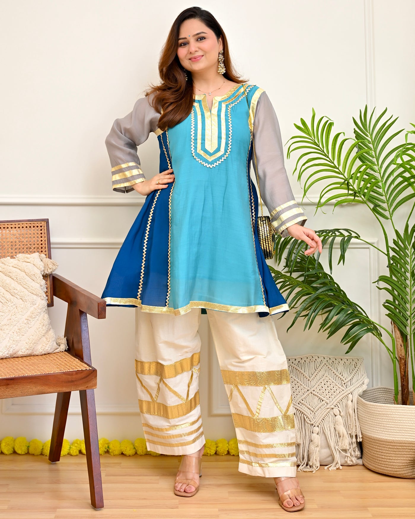 Serene Blues Mul Chanderi A Line Kurta Set