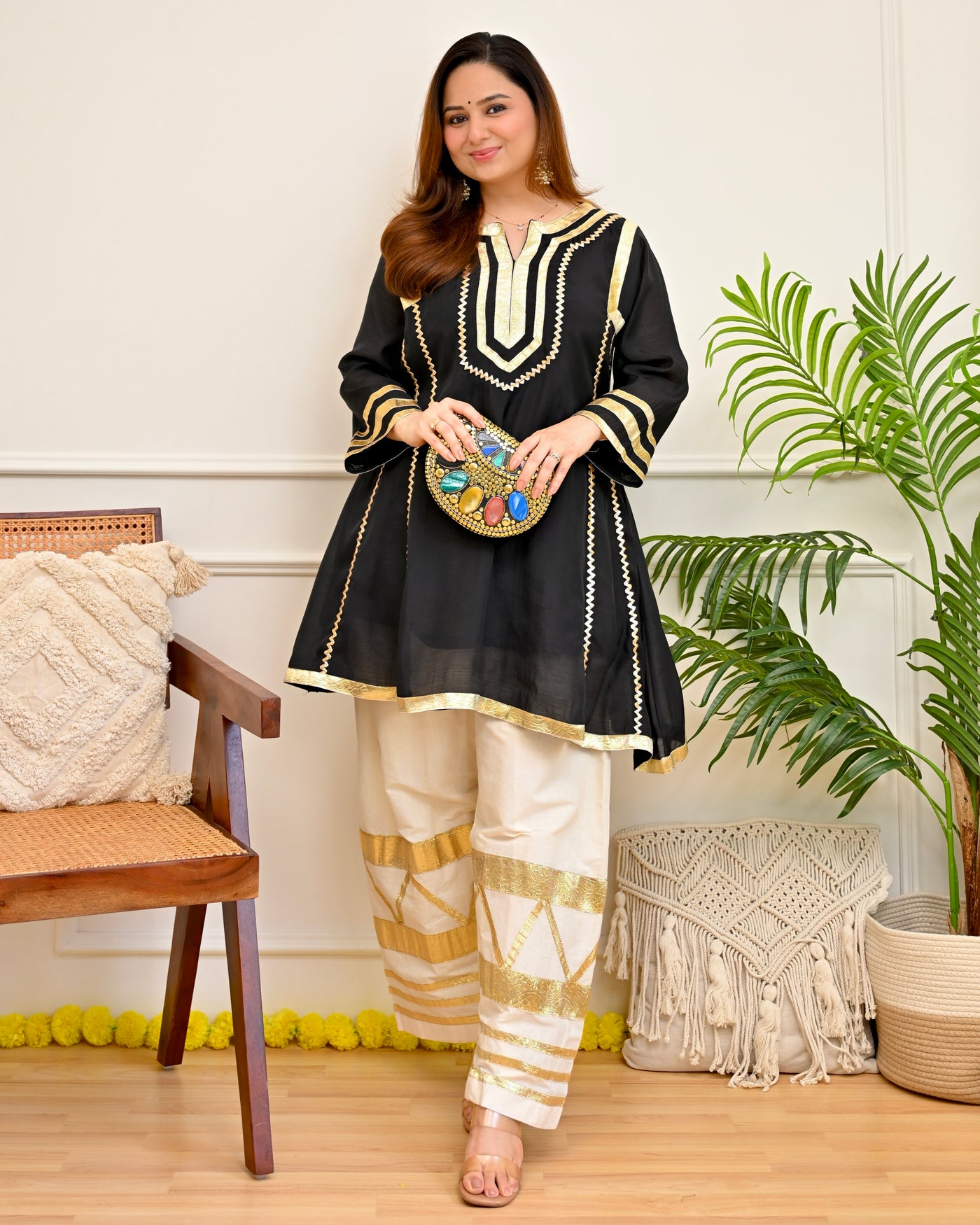 Black Gold Mul Chanderi A Line Kurta Set