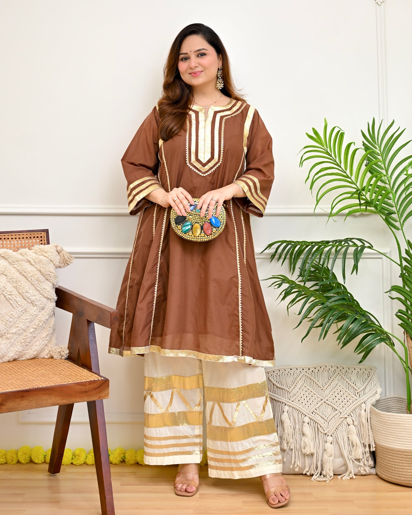 Mocha Brown Mul Chanderi A Line Kurta Set