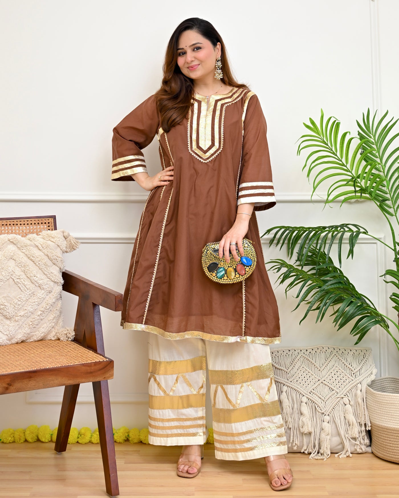 Mocha Brown Mul Chanderi A Line Kurta Set