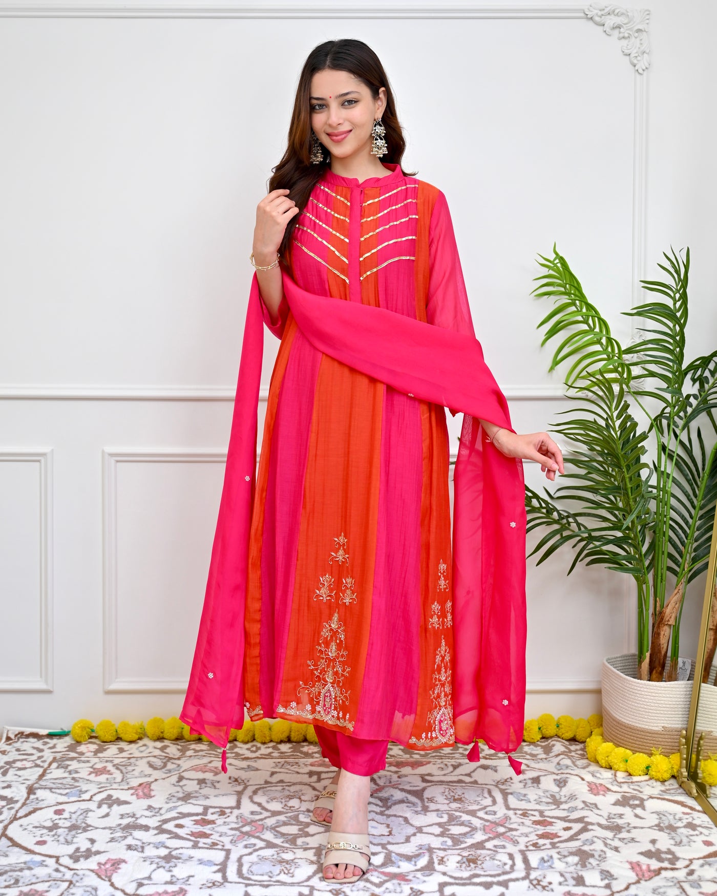Orange Rani Mul Chanderi Handwork Festive A Line Suit