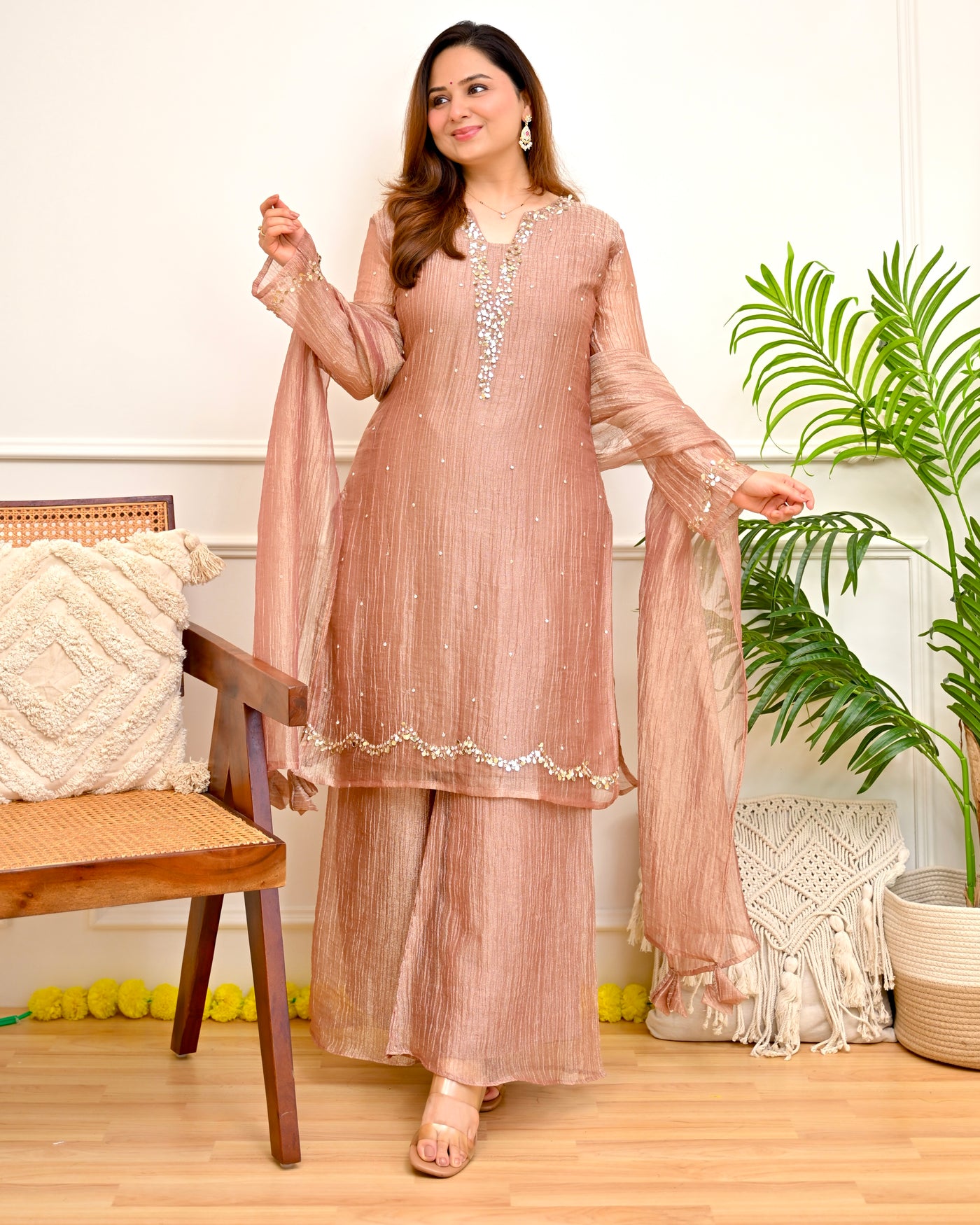 Mauve Rose Banarasi Crush Tissue Handwork Suit