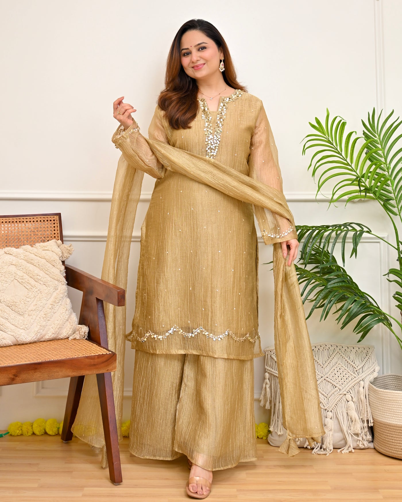 Champagne Gold Banarasi Crush Tissue Handwork Suit