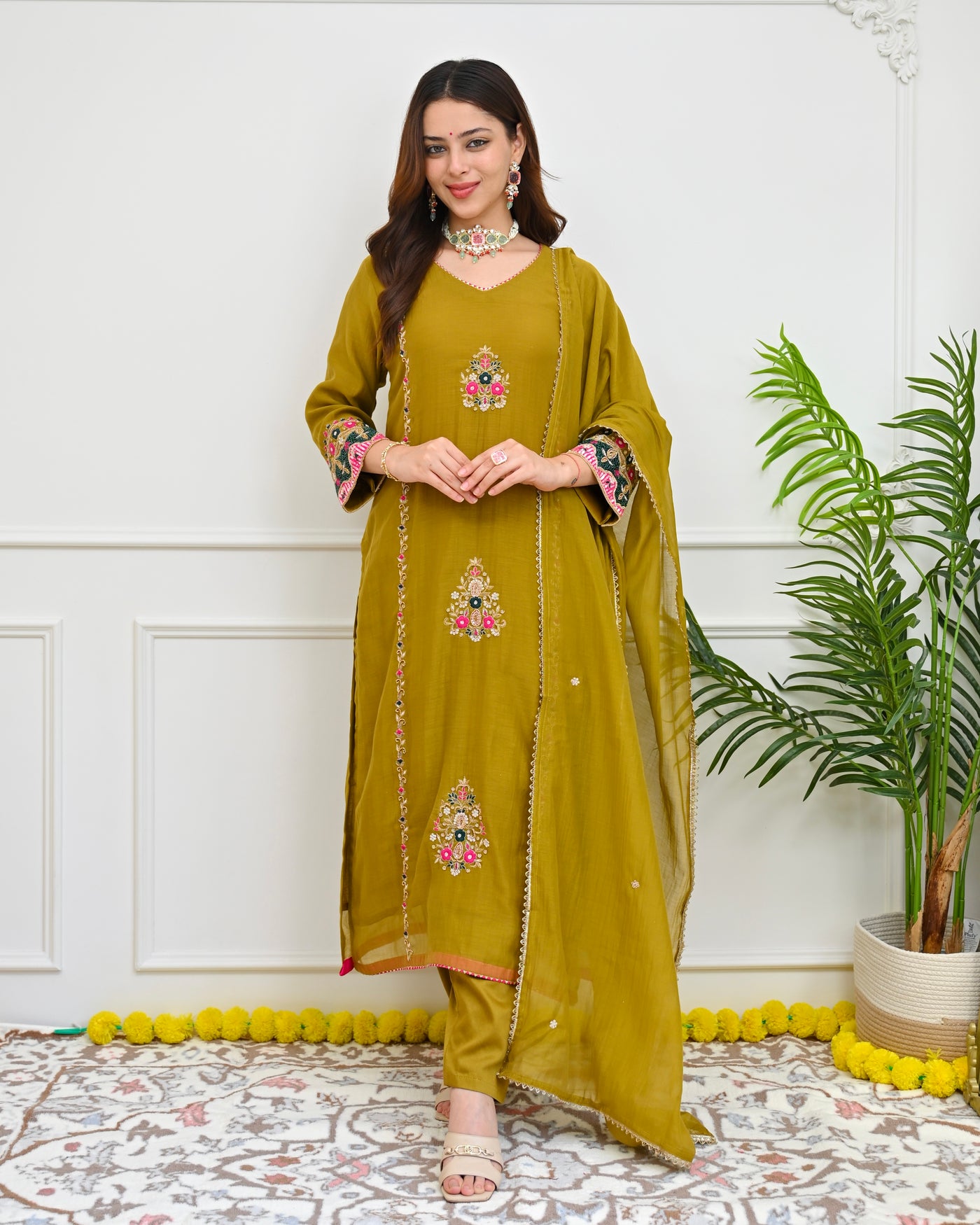 Olive Mustard Mul Chanderi Handwork Festive Suit