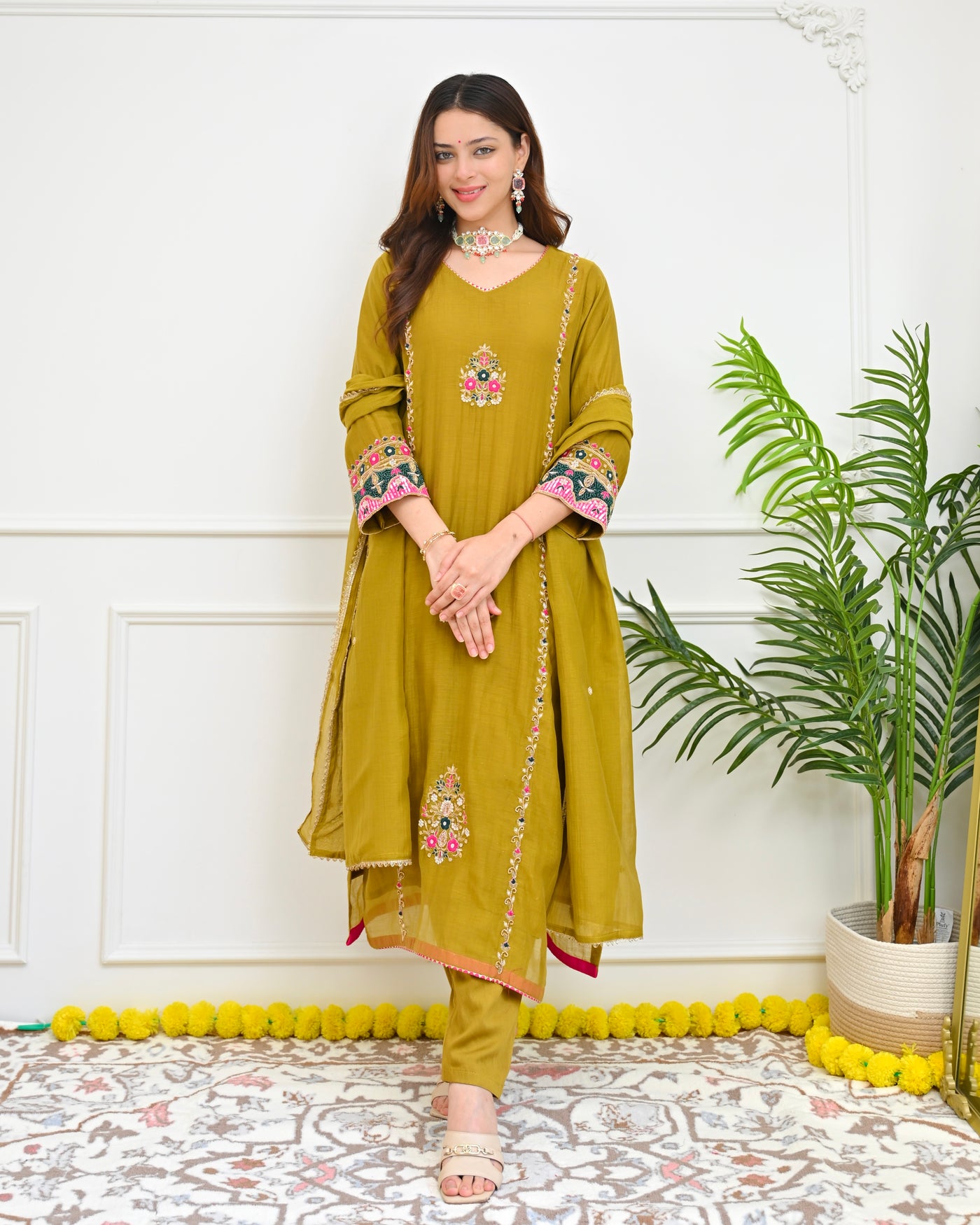 Olive Mustard Mul Chanderi Handwork Festive Suit