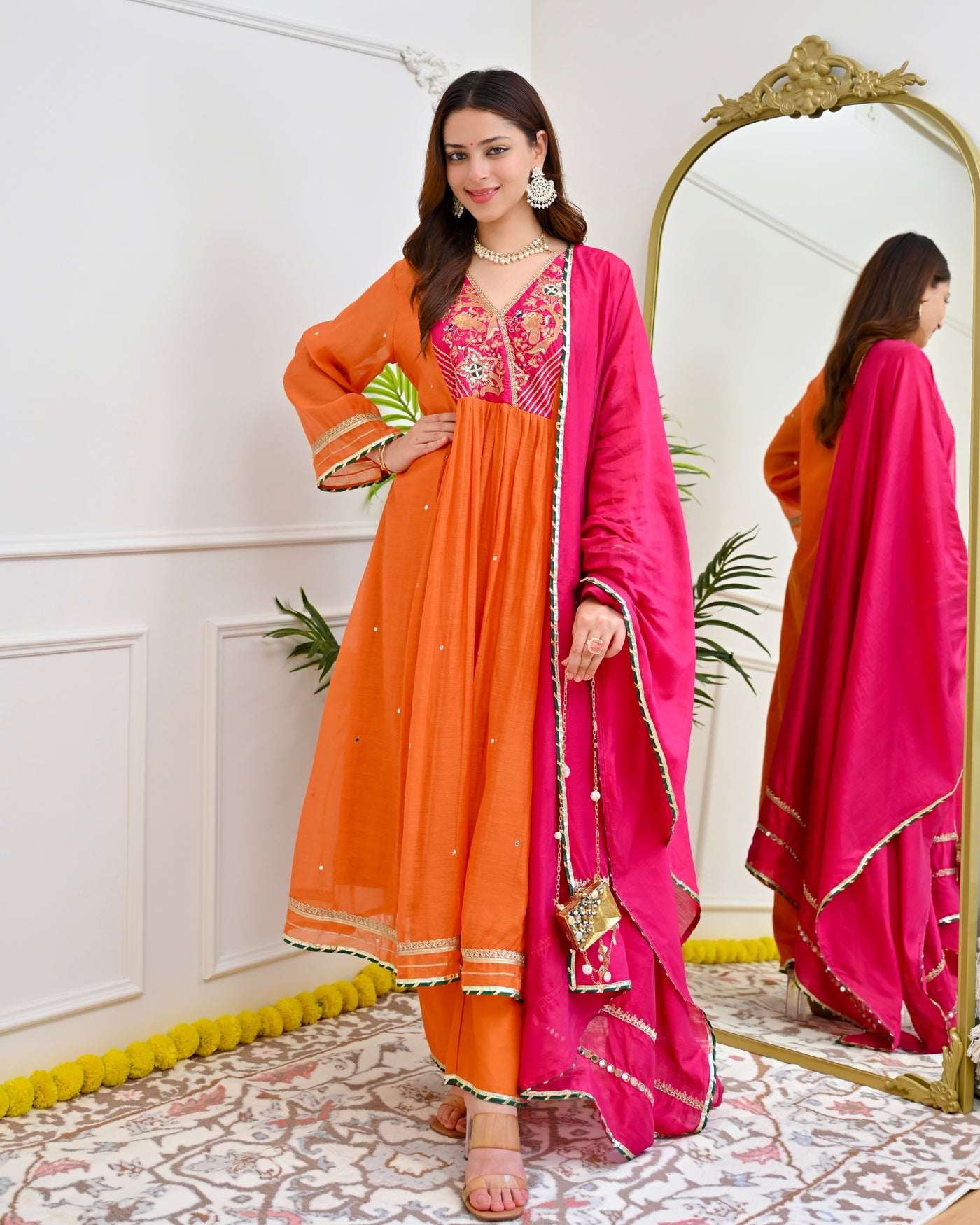 Kesariya Noor A Line Mul Chanderi Handwork Suit