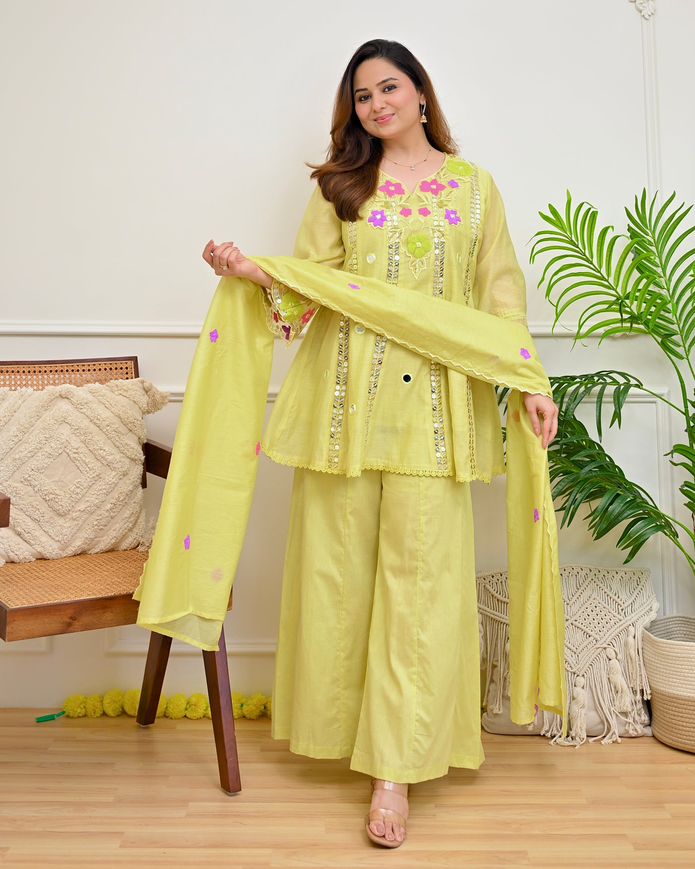Lime Noor Mul Chanderi Handwork Festive Suit