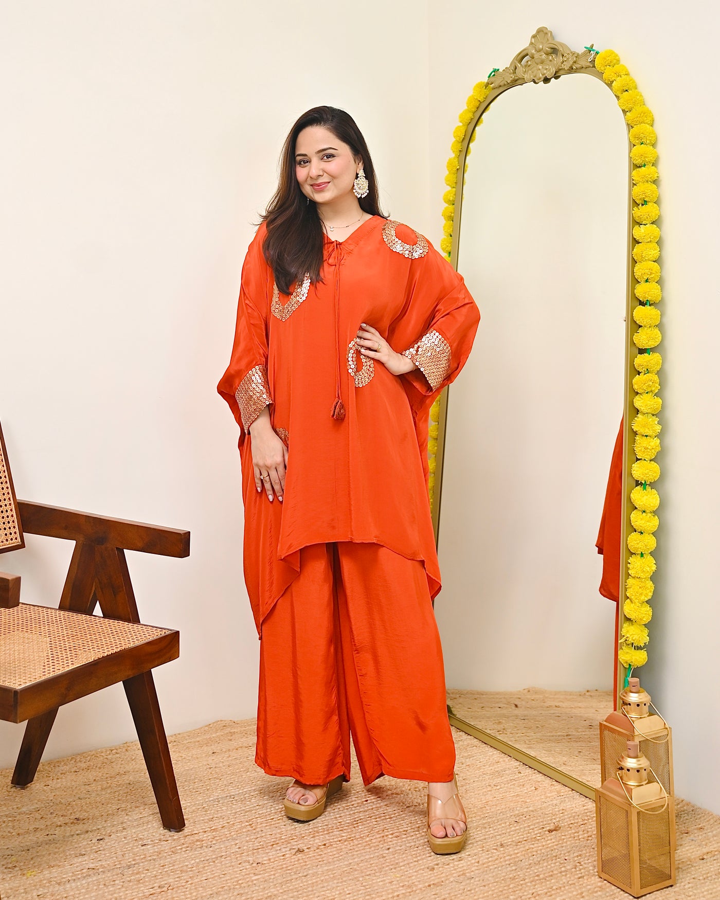 Coral Natural Crepe Sequin Festive Co-ord