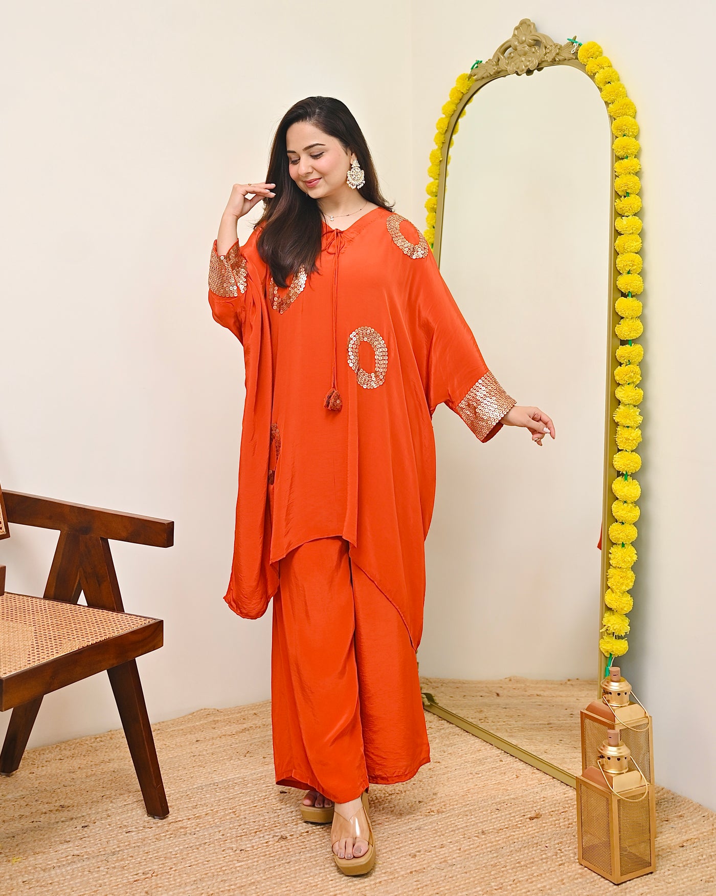 Coral Natural Crepe Sequin Festive Co-ord