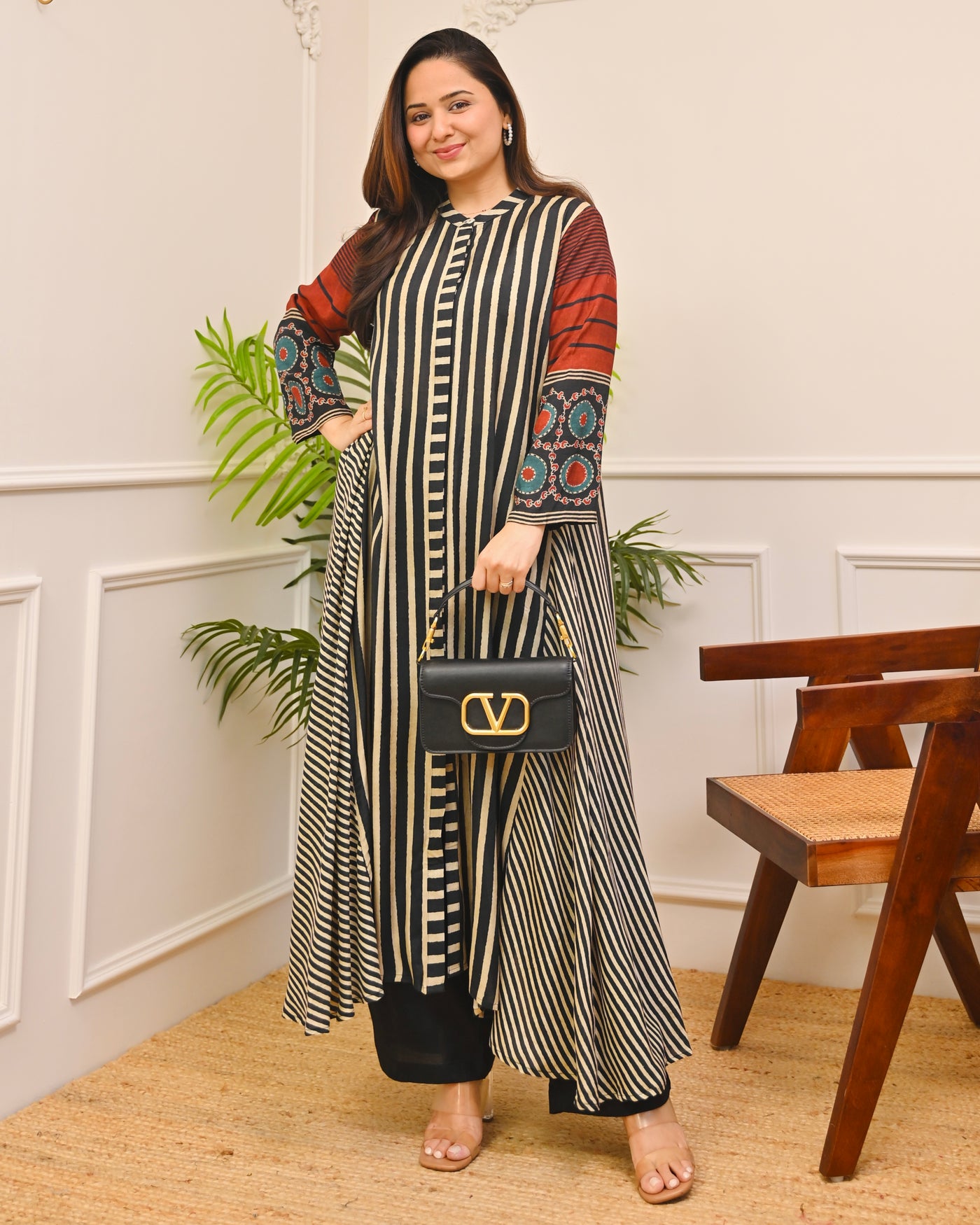 Ivory Noir Classic Striped Muse A Line Muslin Kurta Set