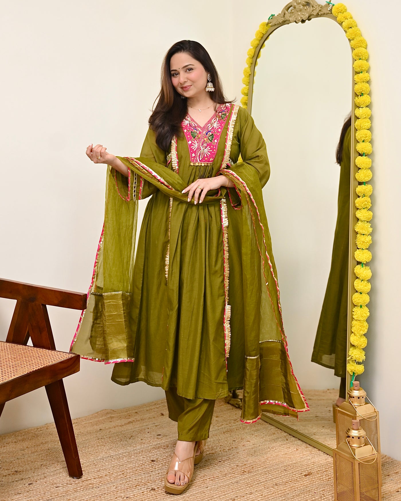 Mehendi Green Mul Chanderi A Line Handwork Festive Suit