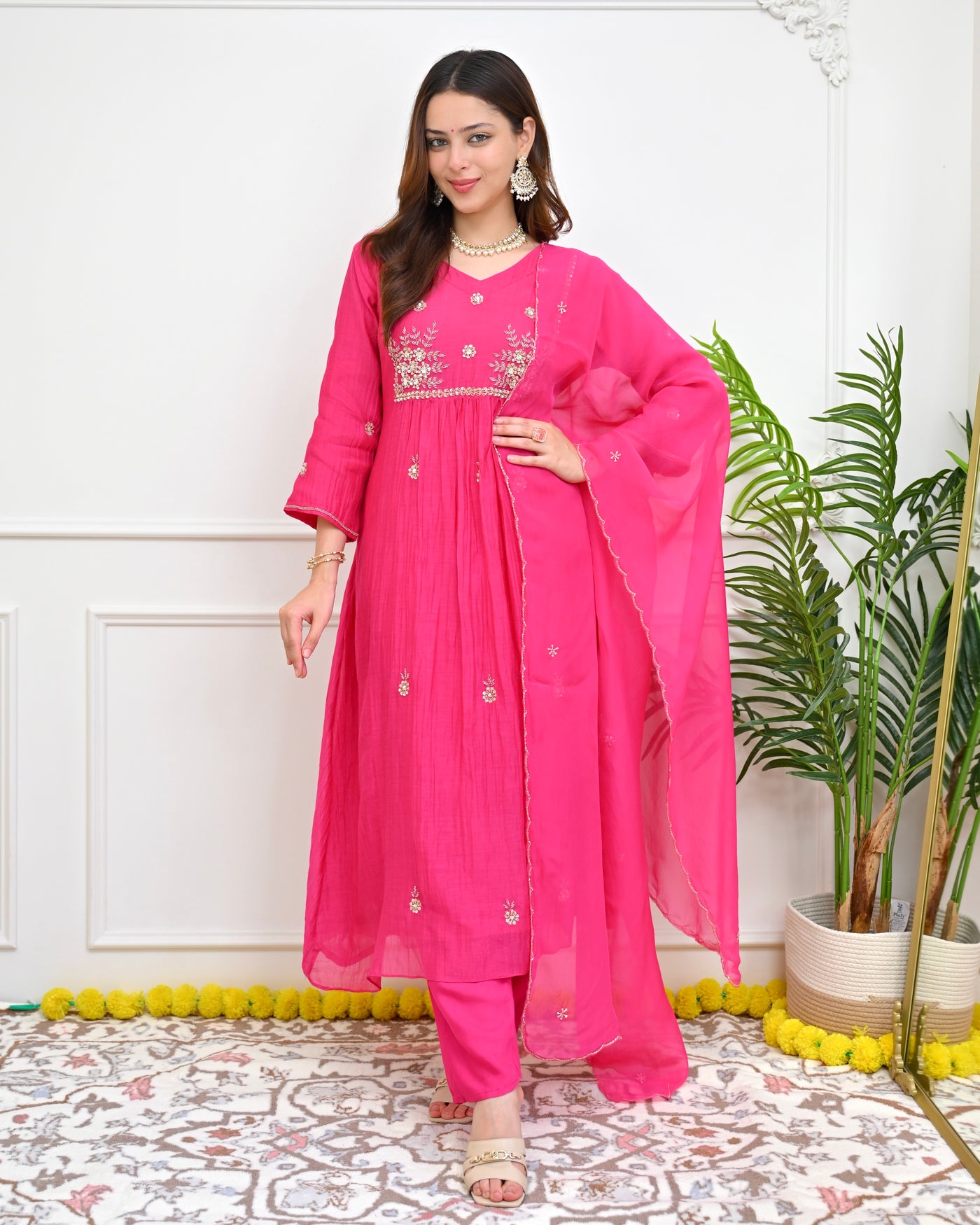 Gulabi Gulzar Mul Chanderi Handwork Festive Suit