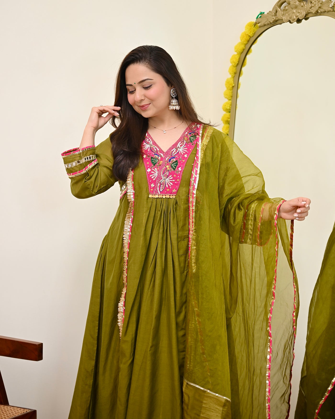 Mehendi Green Mul Chanderi A Line Handwork Festive Suit