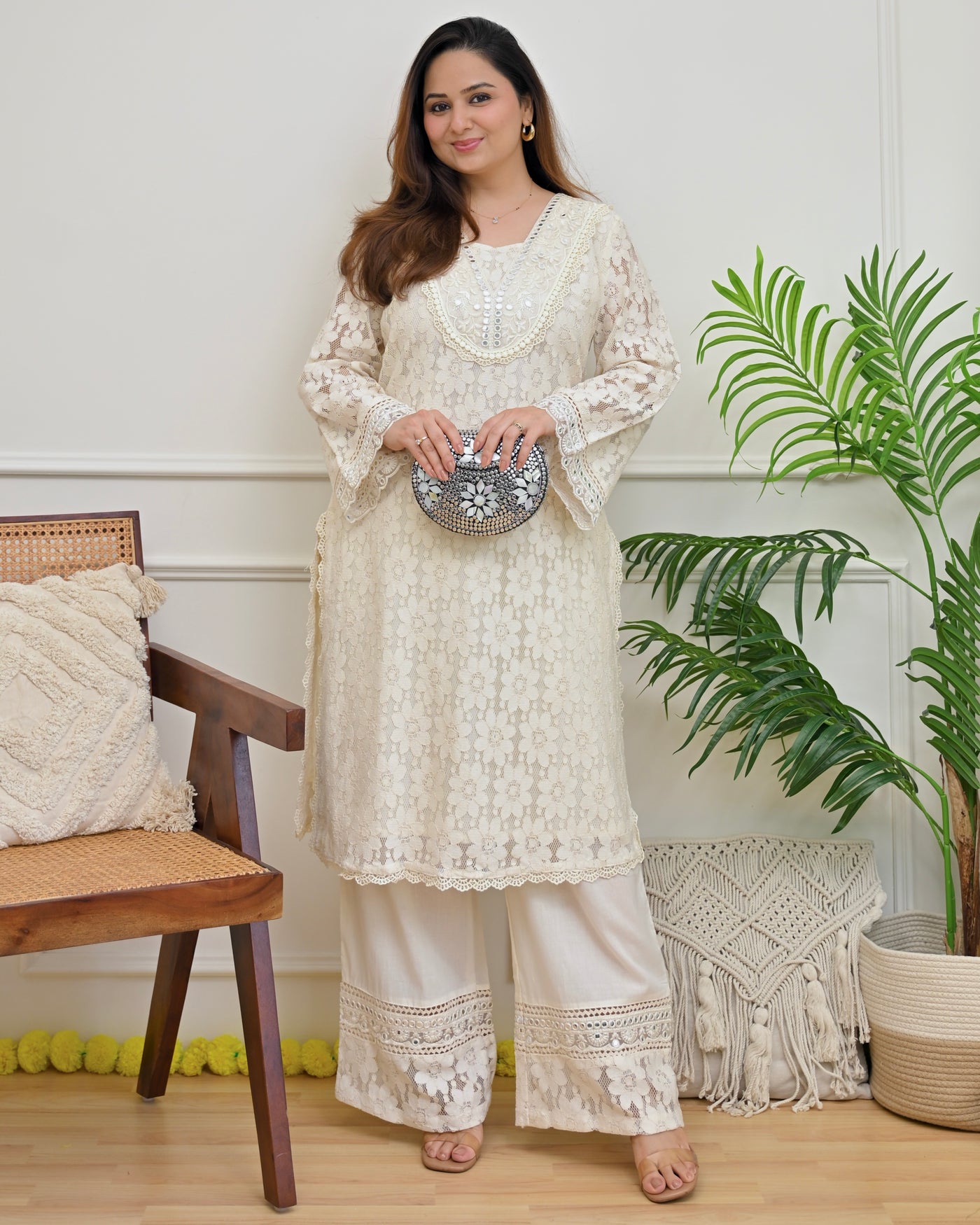 Ivory Chandni Gul Schiffli Cotton Co-ord