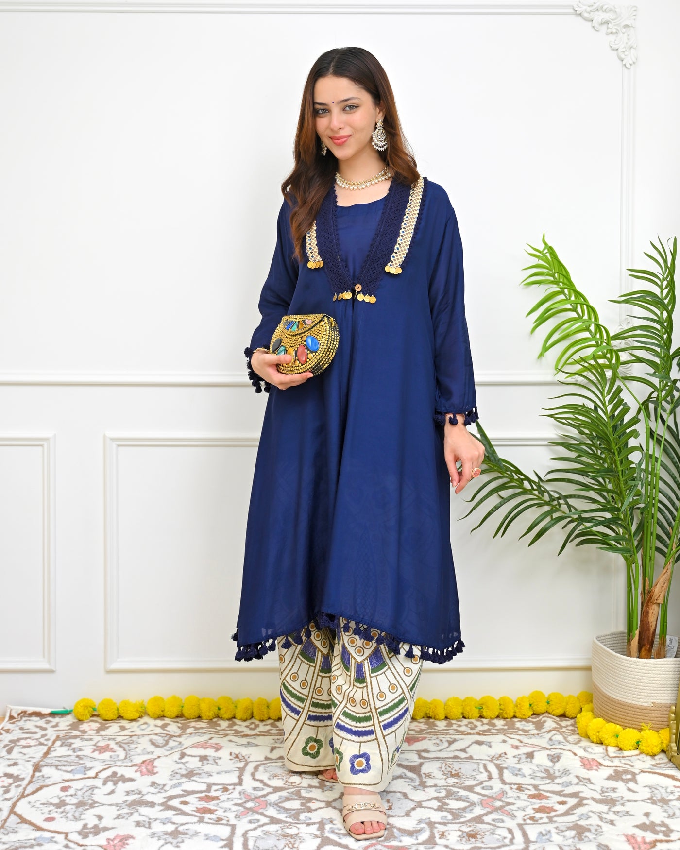 Cobalt Blue Muslin Silk A Line Festive Kurta Set