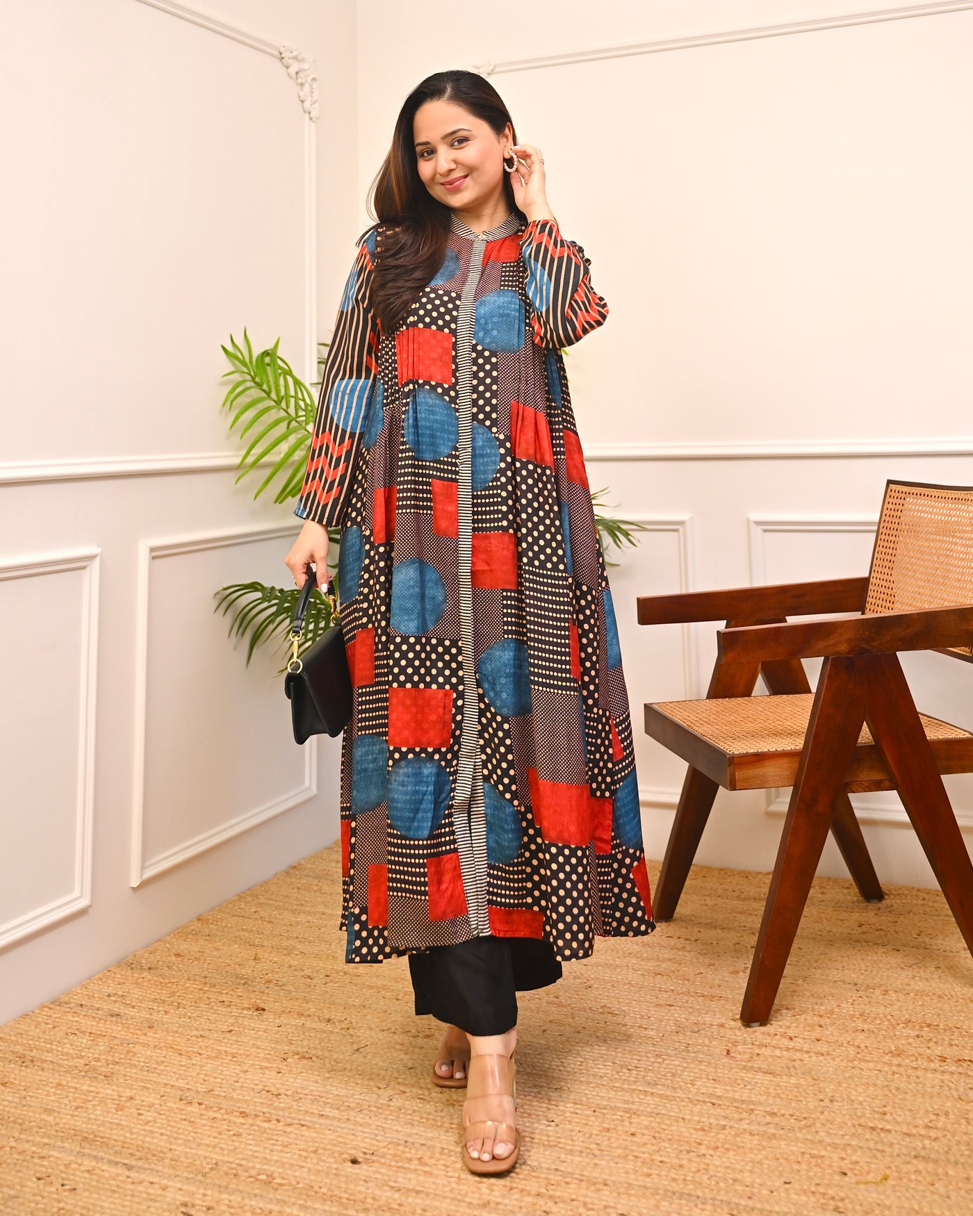 Midnight Scarlet Polka Square A Line Muslin Kurta Set