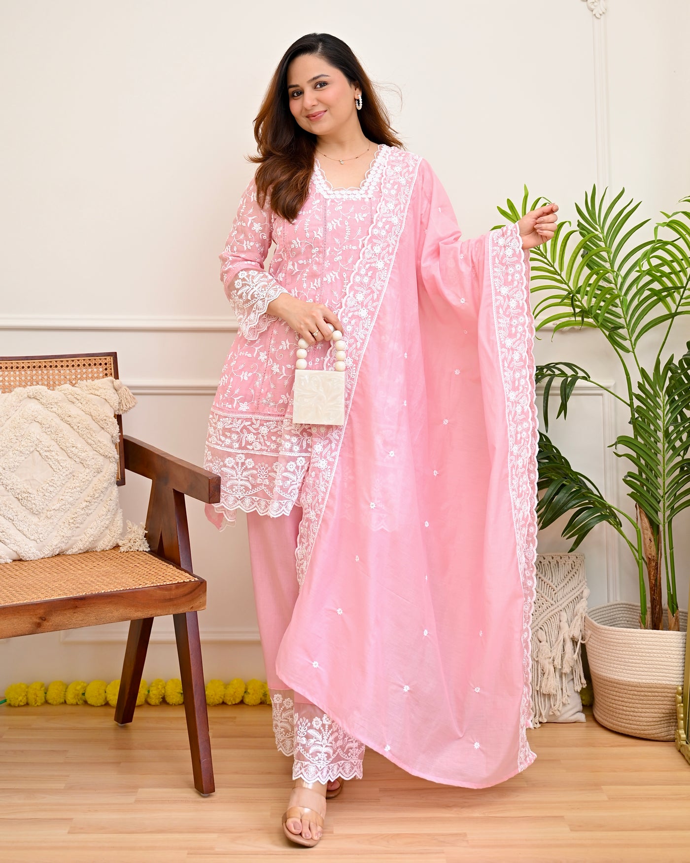Pink Petals Mul Chanderi Lucknowi Suit