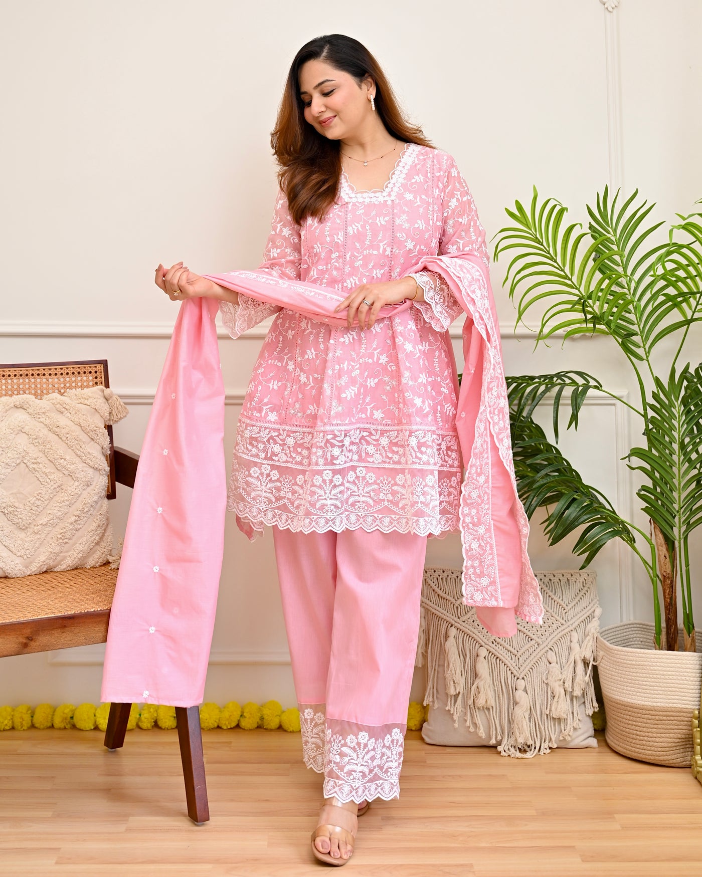 Pink Petals Mul Chanderi Lucknowi Suit
