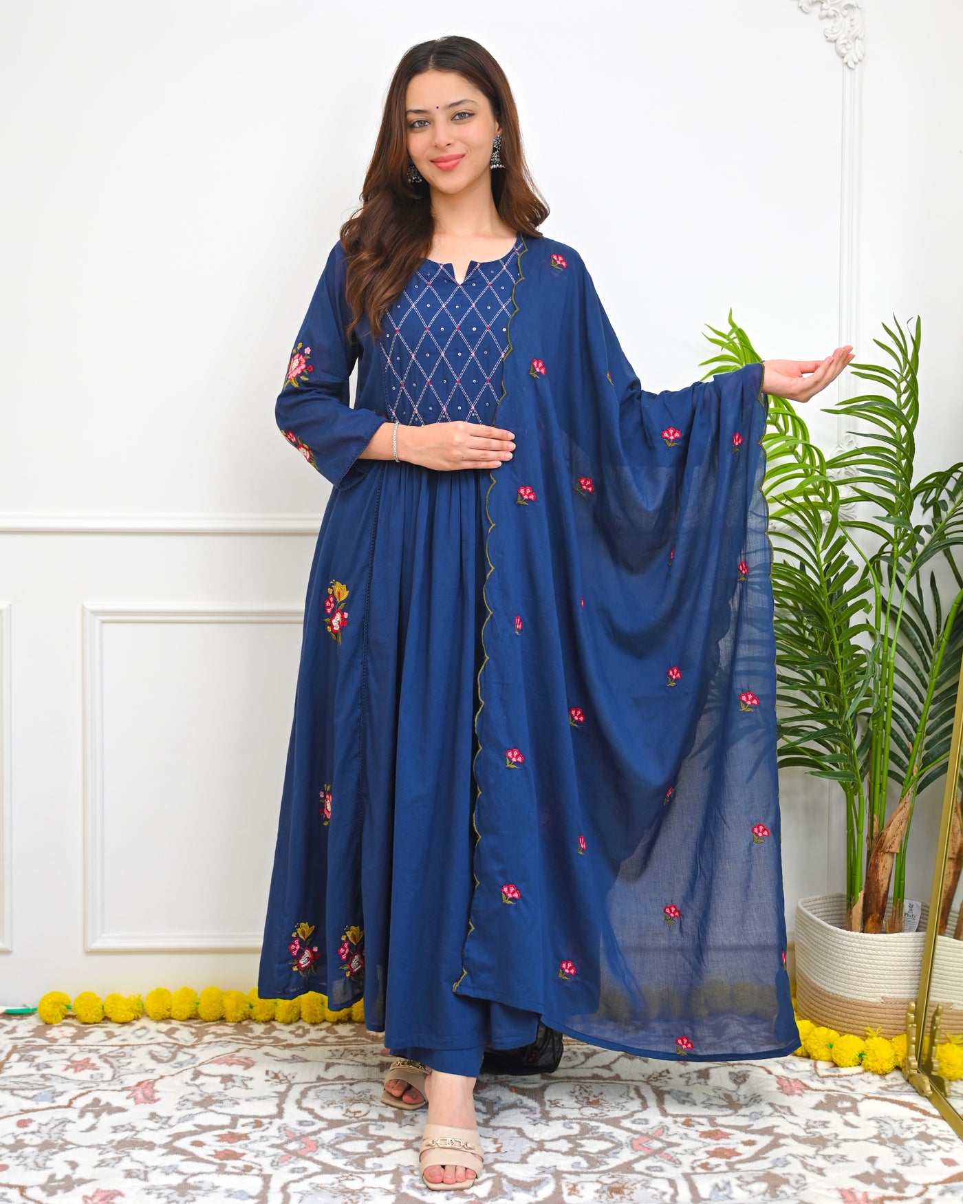 Navy Noor Garden Threadwork Mul Chanderi A Line Suit